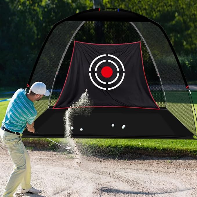 10x7ft Golf Practice Net for Garden Driving Nylon net and Oxford base with target cloth, ground stakes and carry bag for indoor or outdoor practice-Aylmersport