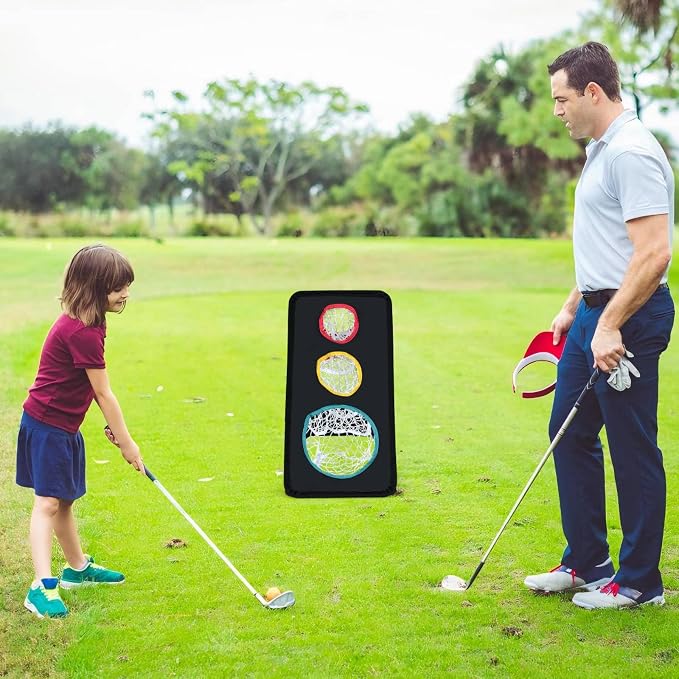 Dual-Sided Golf Chipping Net, Portable Triple Target Golf Practice Net with 5 Target Holes, Portable Golfing Target Training Accessories for Indoor Outdoor-Aylmersport