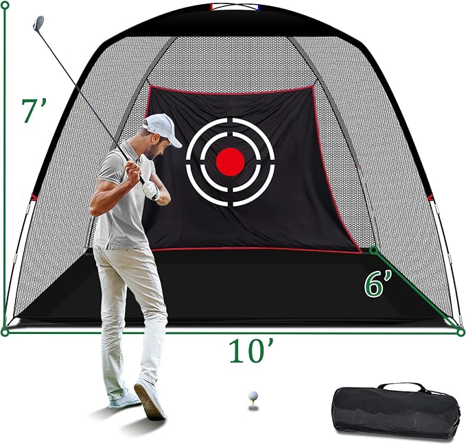 10x7ft Golf Practice Net for Garden Driving Nylon net and Oxford base with target cloth, ground stakes and carry bag for indoor or outdoor practice-Aylmersport