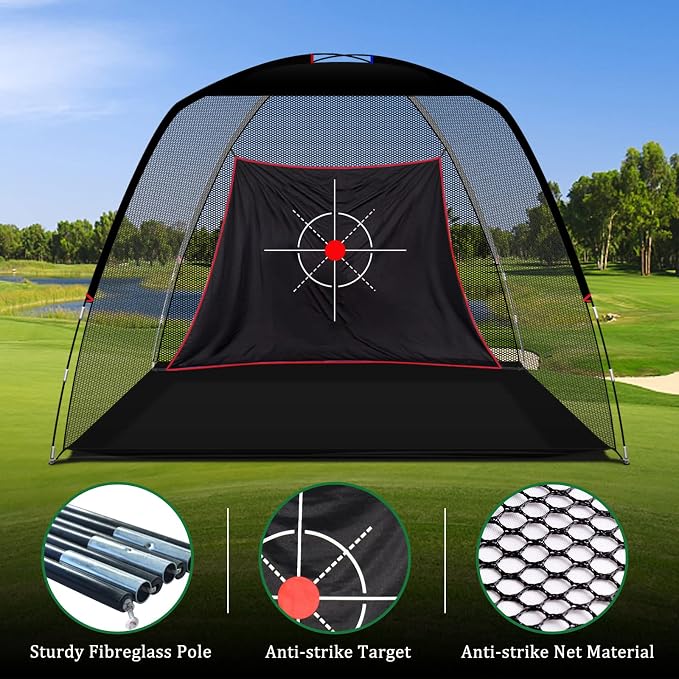 10x7ft Black Golf Practice Net with Target Cloth 3.19kg portable structure for garden, backyard and outdoor practice-Aylmersport