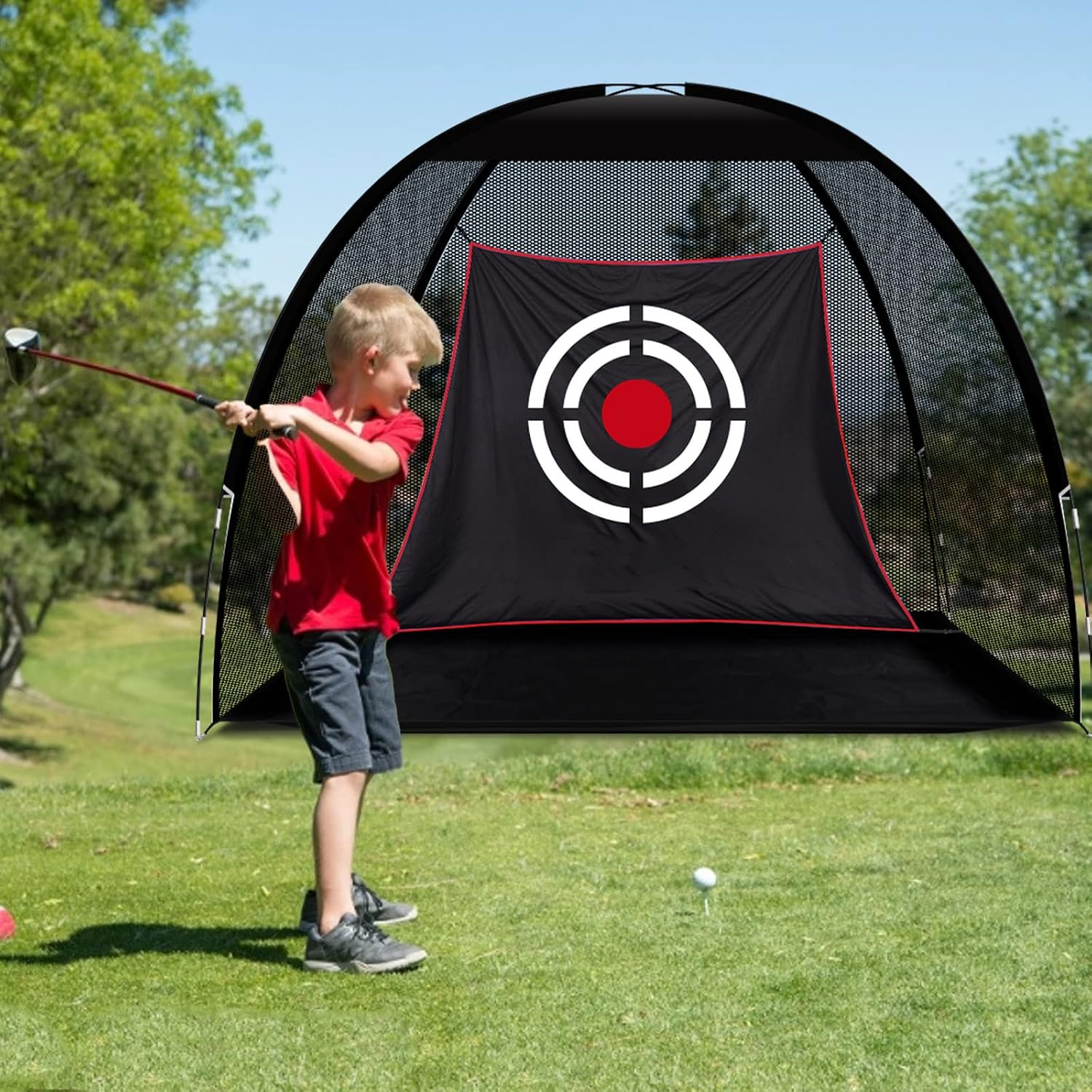 10x7ft Black Golf Practice Net with Target Cloth 3.19kg portable structure for garden, backyard and outdoor practice-Aylmersport