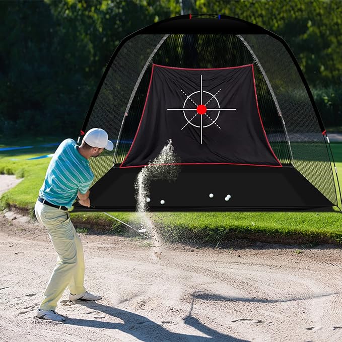 10x7ft Black Golf Practice Net with Target Cloth 3.19kg portable structure for garden, backyard and outdoor practice-Aylmersport