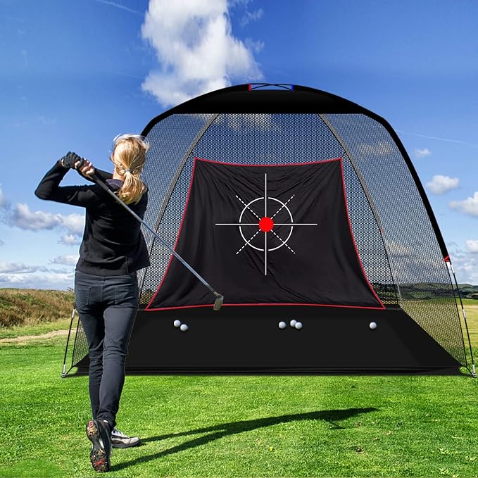 10x7ft Black Golf Practice Net with Target Cloth 3.19kg portable structure for garden, backyard and outdoor practice-Aylmersport