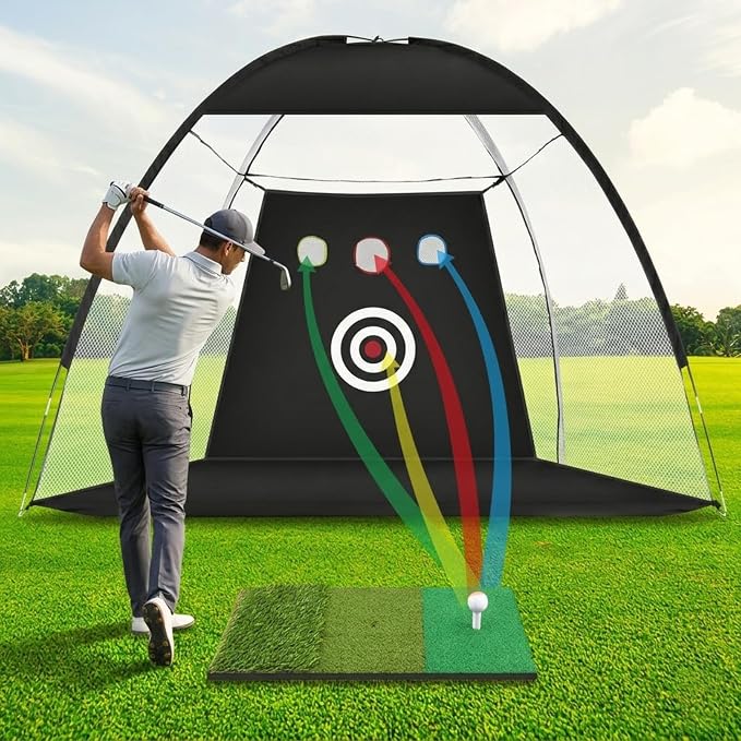 Golf Practice Net 10x7ft with 3-Layer Golf Mat, Indoor Outdoor Training Set Supports driving, chipping and swing practice for gardens, garages, backyards and indoor golf training spaces-Aylmersport