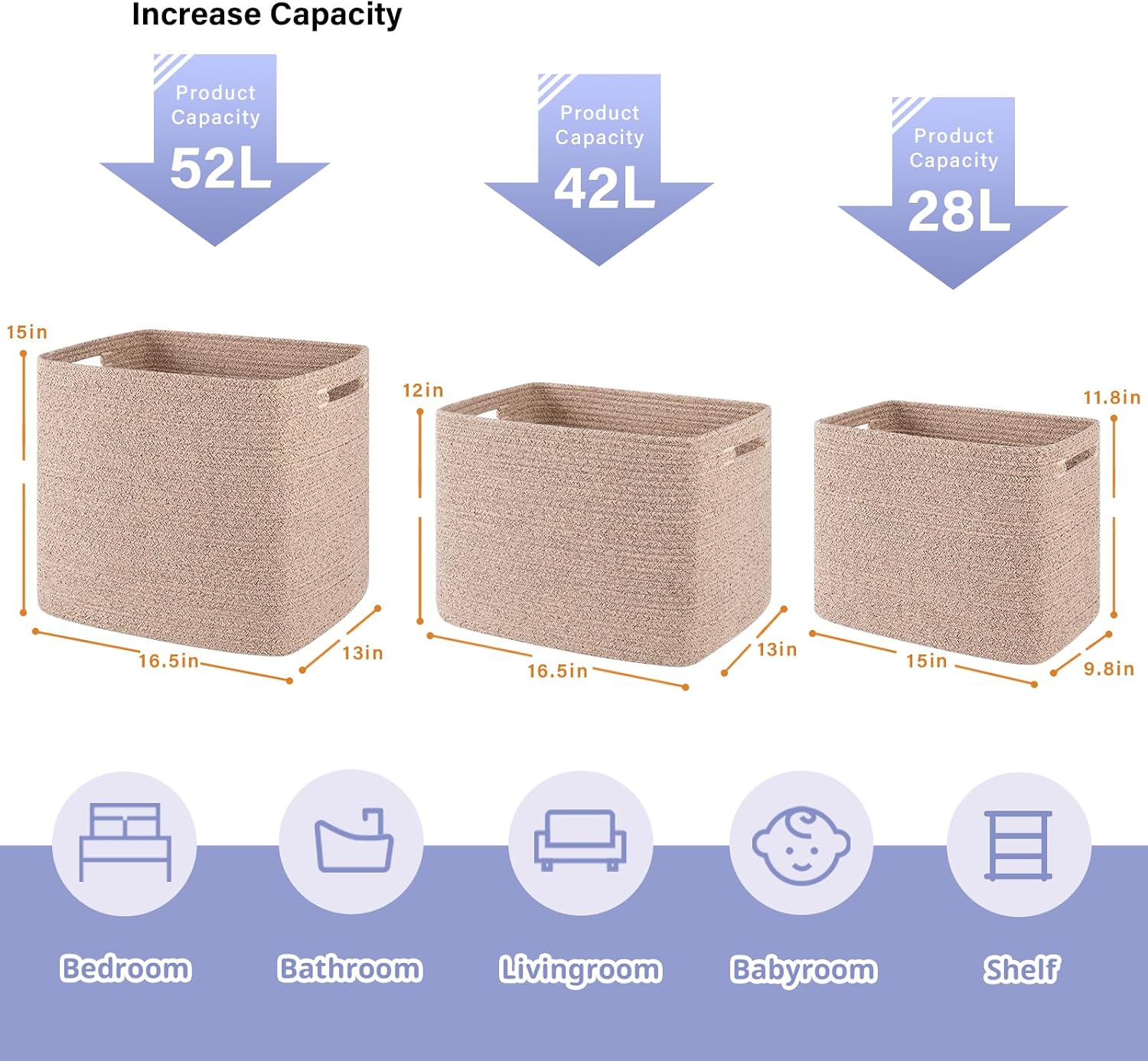 Tall Cotton Rope Storage Baskets (2-Pack, 30L)