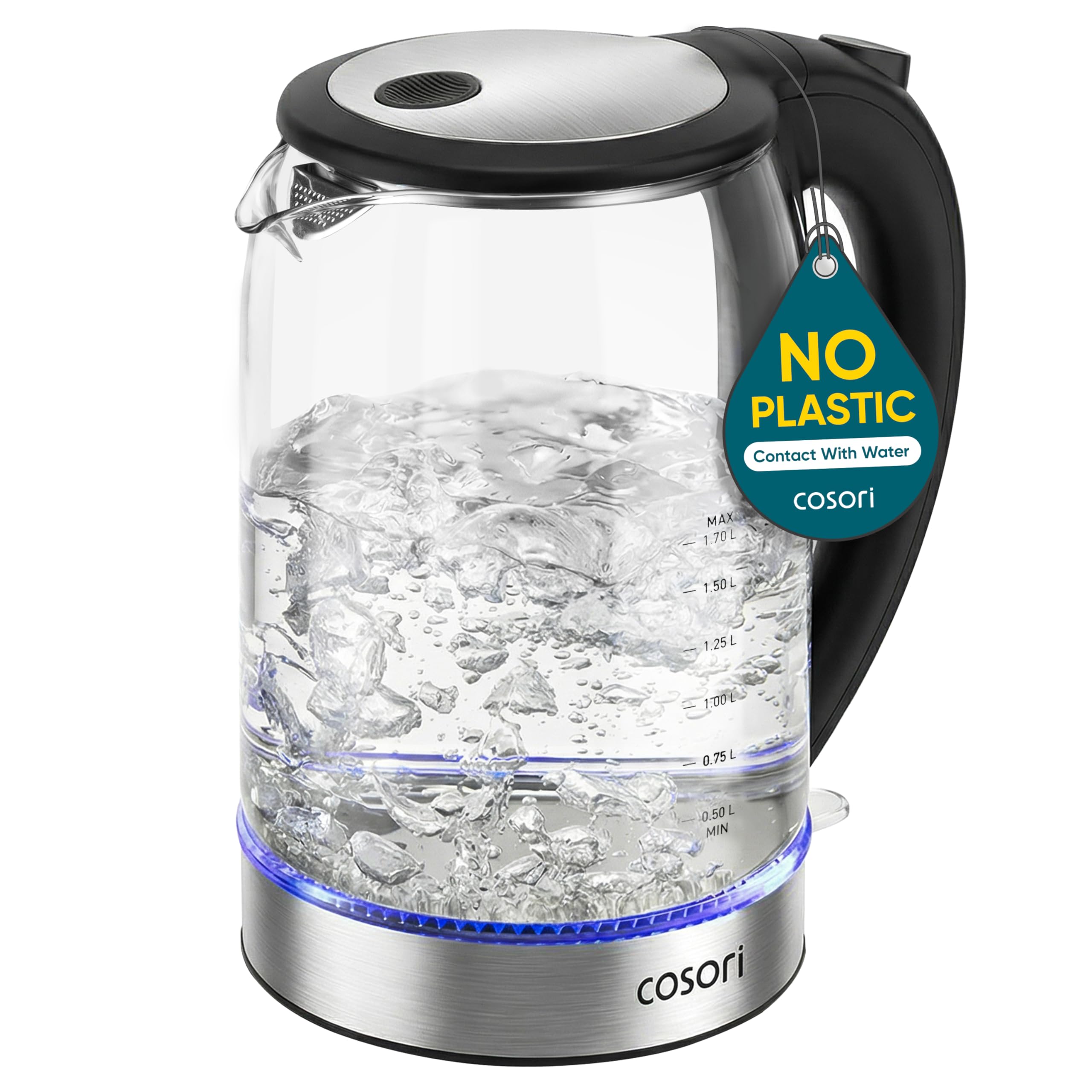 COSORI - Electric Kettle, no plastic in contact with water, 1.8 qt/1500W, stainless steel inner lid and filter, kettle for coffee and tea, water heater, auto shut-off, black