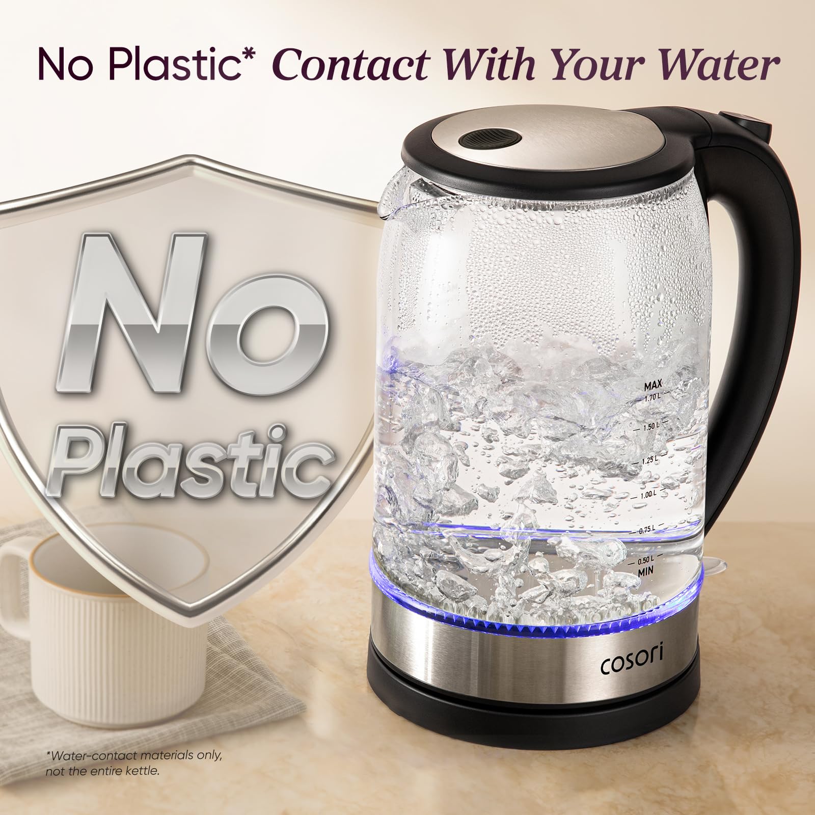 COSORI - Electric Kettle, no plastic in contact with water, 1.8 qt/1500W, stainless steel inner lid and filter, kettle for coffee and tea, water heater, auto shut-off, black