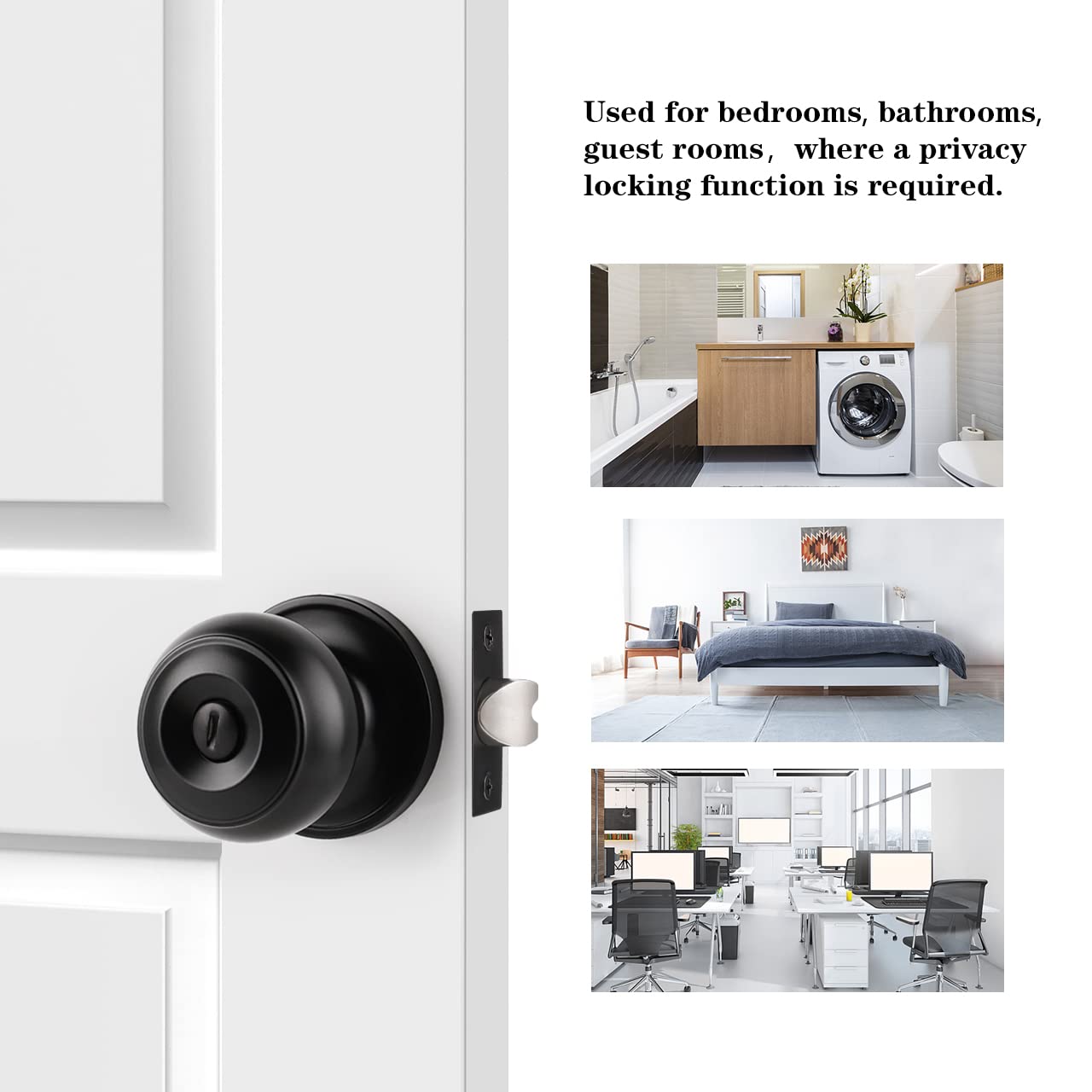 Probrico Black Door Knobs for Bedroom Bathroom, Interior Door Knob with Round Ball, Matte Black Privacy Door Knob, 6 Pack