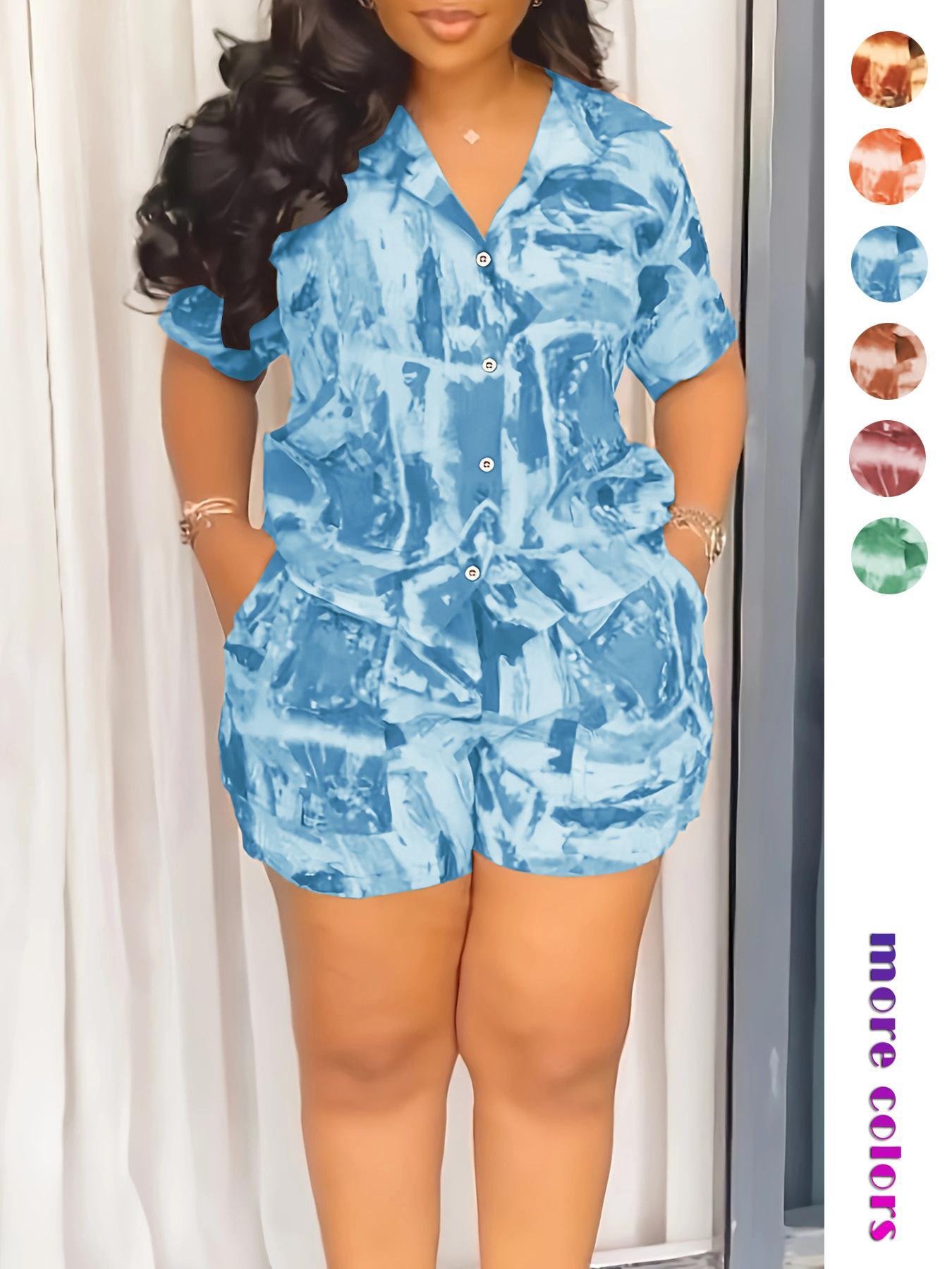 Two-piece Set Women's All Over Print Short Sleeve Shirt & Shorts, Casual Button Up Top & Shorts for Daily Wear, Ladies Summer Clothes, Fashion Clothes Set Two-piece Set Women's All Over Print Short Sleeve Shirt & Shorts, Casual Button Up Top & Shorts for Daily Wear, Ladies Summer Clothes, Fashion Clothes Set