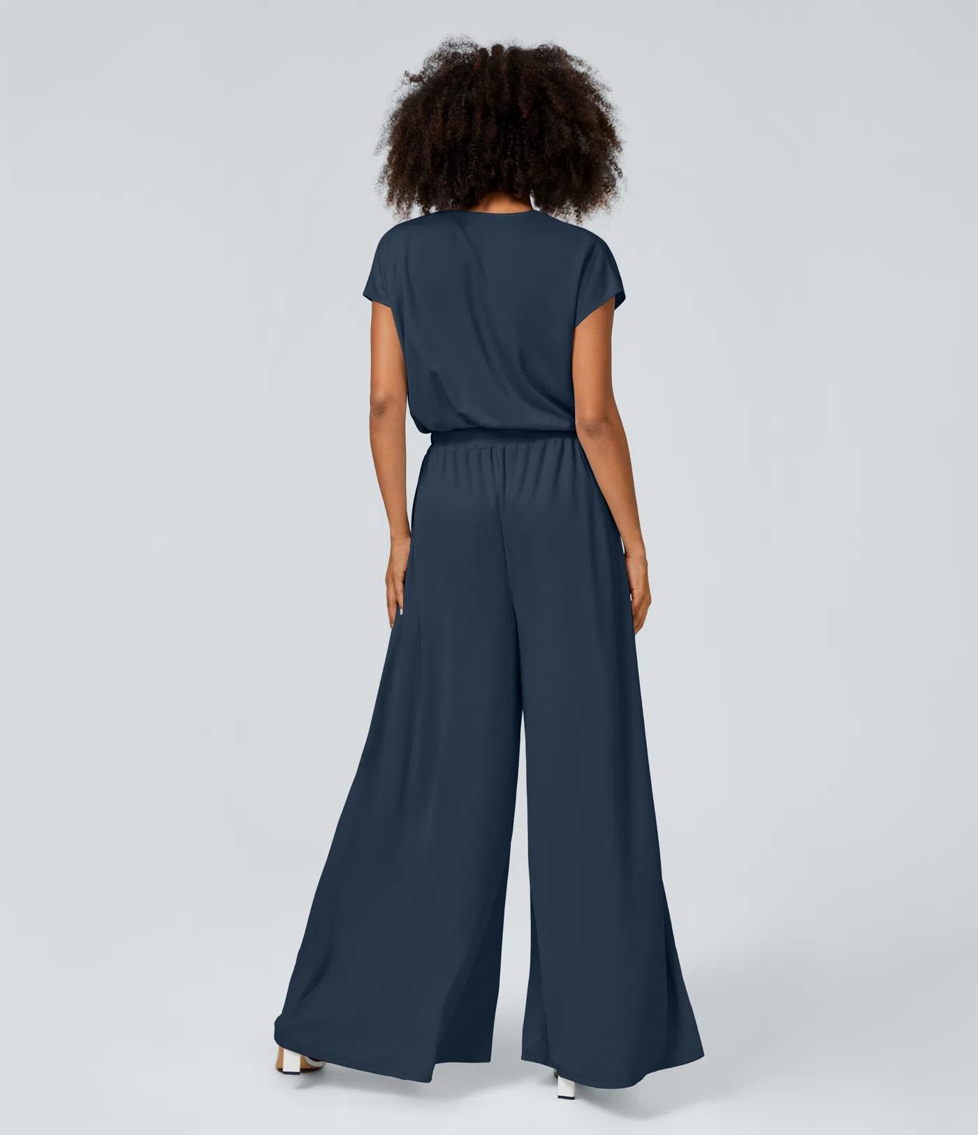 Combinaison Casual Col en V Jambes Large Plissée Manches Courtes Poche Latérale Gaufrée Fluide