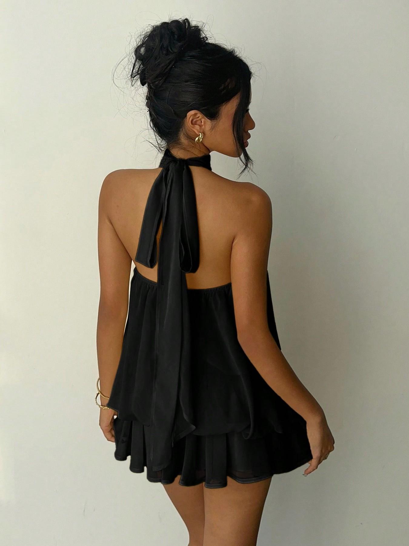 Women's Simple Solid Backless Halter One-Piece Jumpsuit, Elegant Ruffle Design, Perfect for Casual Wear, All Seasons Fashion