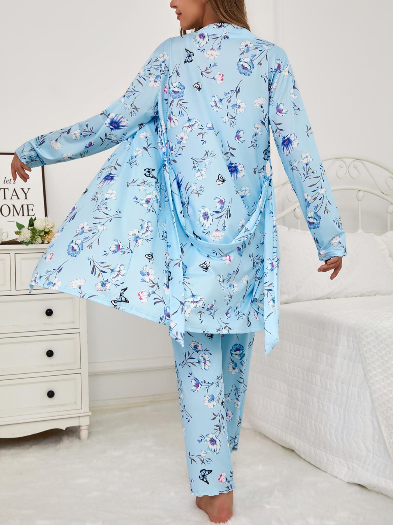 Three-Piece Set Women's Floral Butterfly Print Belted Long Sleeve Lounge Robe & Lettuce Trim Cami Top & Pants Pyjama Set, Casual Comfy Sleepwear & Loungewear for Women, Ladies Pajama Set for All Seasons, Summer Lounge Set
