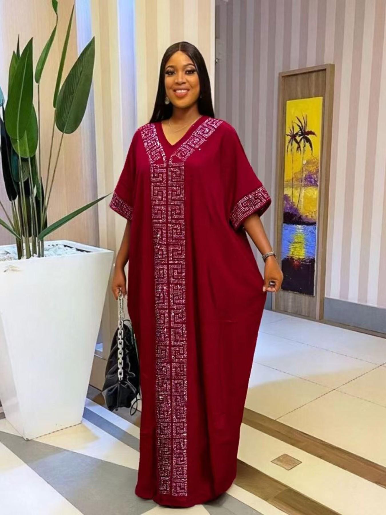 2026 African Nigerian Style Women's Islamic Clothing Rhinestone Loose Boubou Kaftan Dress, Elegant Solid Color, Muslim Ethnic Robe with Matching Scarf & Pockets, Daily Party Wear 2026 African Nigerian Style Women's Islamic Clothing Rhinestone Loose Boubou Kaftan Dress, Elegant Solid Color, Muslim Ethnic Robe with Matching Scarf & Pockets, Daily Party Wear
