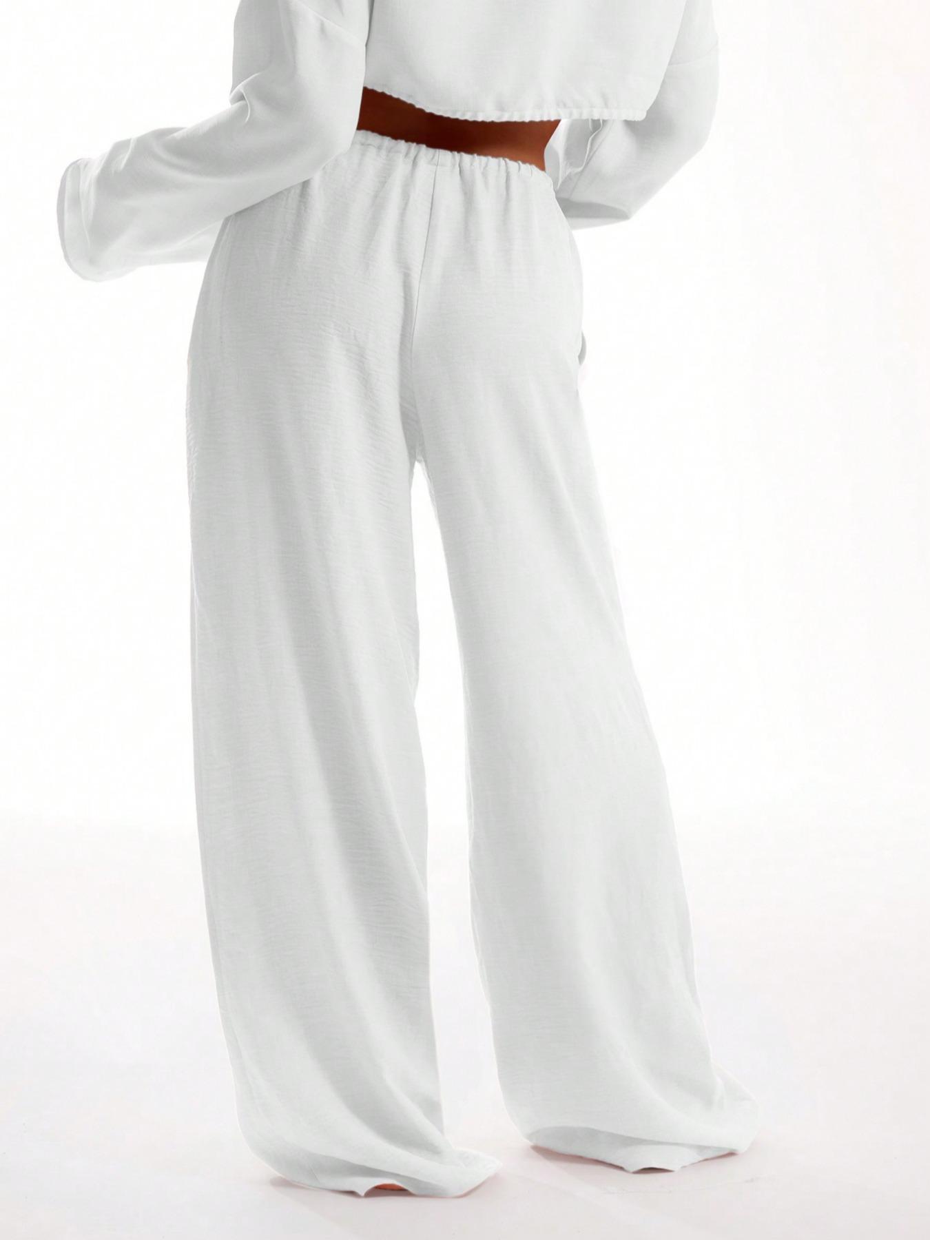 Women's Solid Pocket Pants, Casual Comfy Woven Fabric Wide Leg Trousers for Beach Vacation Holiday, Ladies Bottoms for All Seasons, Baggy Legged Pants