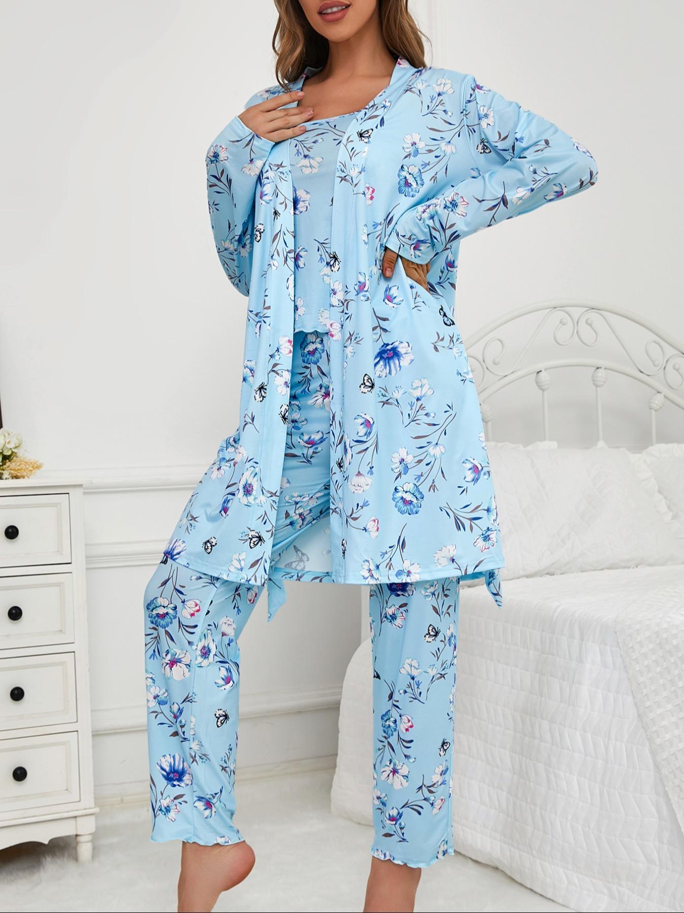 Three-Piece Set Women's Floral Butterfly Print Belted Long Sleeve Lounge Robe & Lettuce Trim Cami Top & Pants Pyjama Set, Casual Comfy Sleepwear & Loungewear for Women, Ladies Pajama Set for All Seasons, Summer Lounge Set