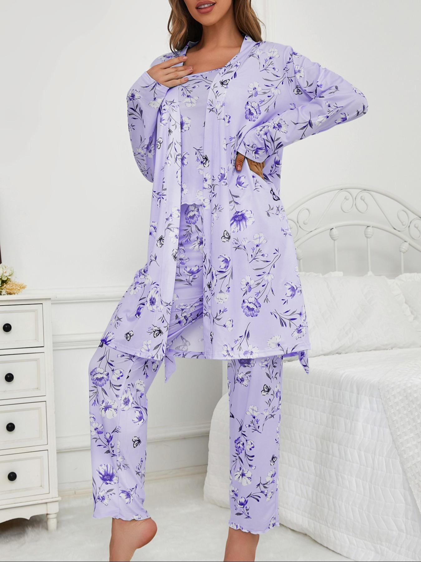Three-Piece Set Women's Floral Butterfly Print Belted Long Sleeve Lounge Robe & Lettuce Trim Cami Top & Pants Pyjama Set, Casual Comfy Sleepwear & Loungewear for Women, Ladies Pajama Set for All Seasons, Summer Lounge Set
