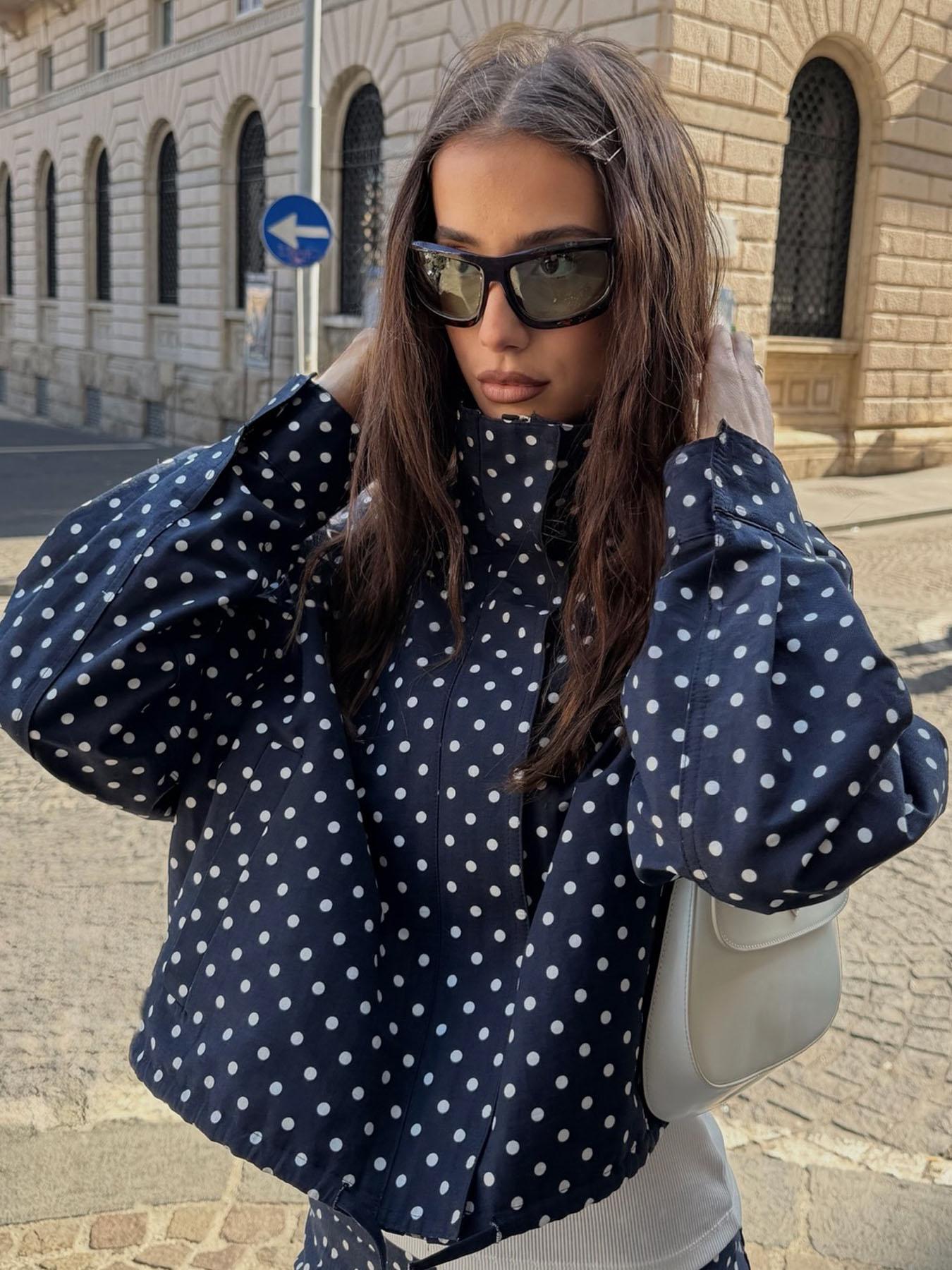 Polka Dot High Neck Women's Spring Jacket Windbreaker Cropped Coat Outdoor Bomber Jackets For Woman Outerwear Streetwear Demi-Season New In Jackets Fashionable Zipper Blue Woman Jackets Polka Dot Casual Jacket Casual Chic Outerwear Womenswear