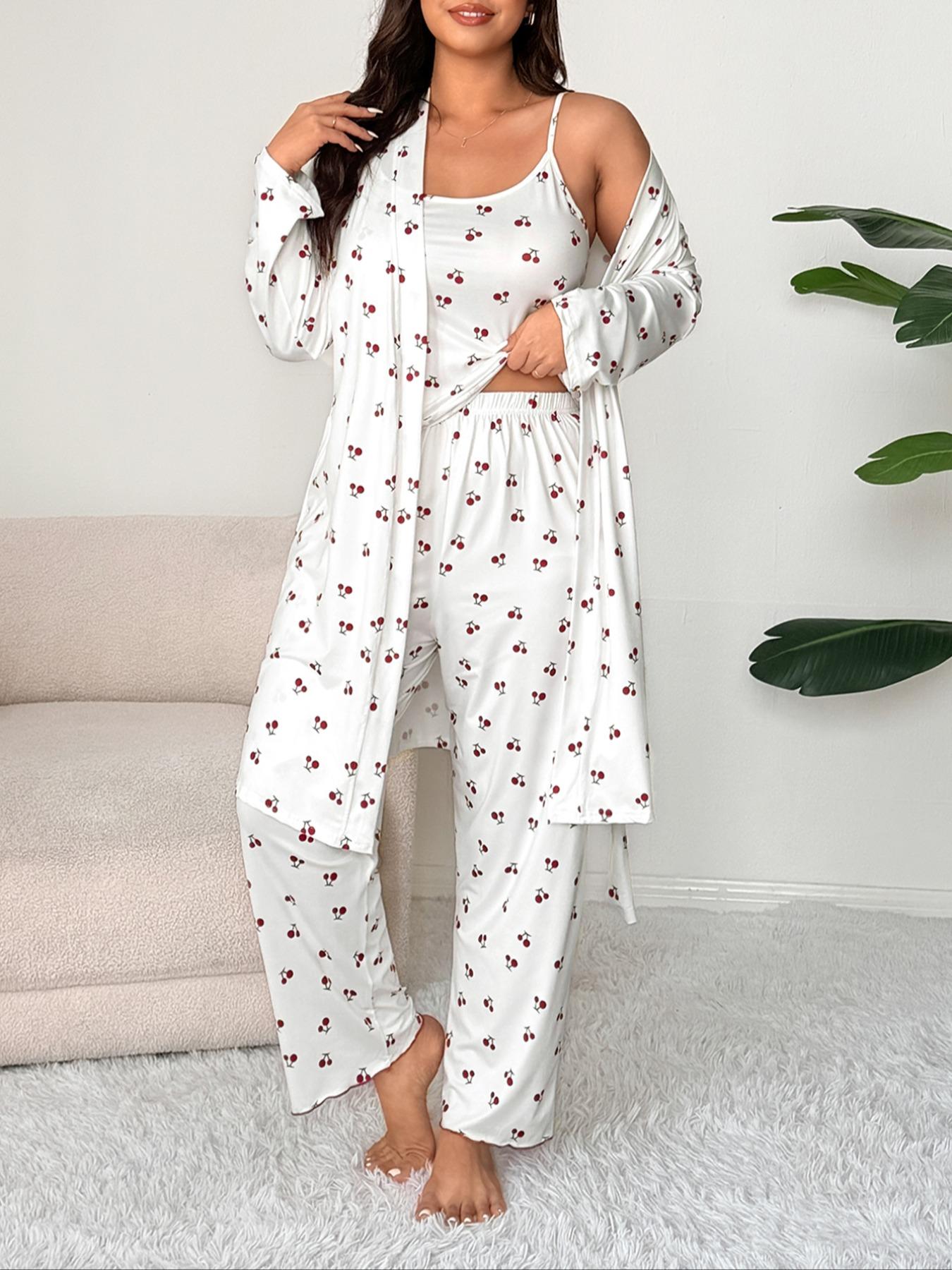 Plus Size Cherry Print Women's Sweet Comfortable Belted Robe & Sleeveless Long Pants & Cami Set, Three-Piece Pajama Sleepwear, Casual Home Wear