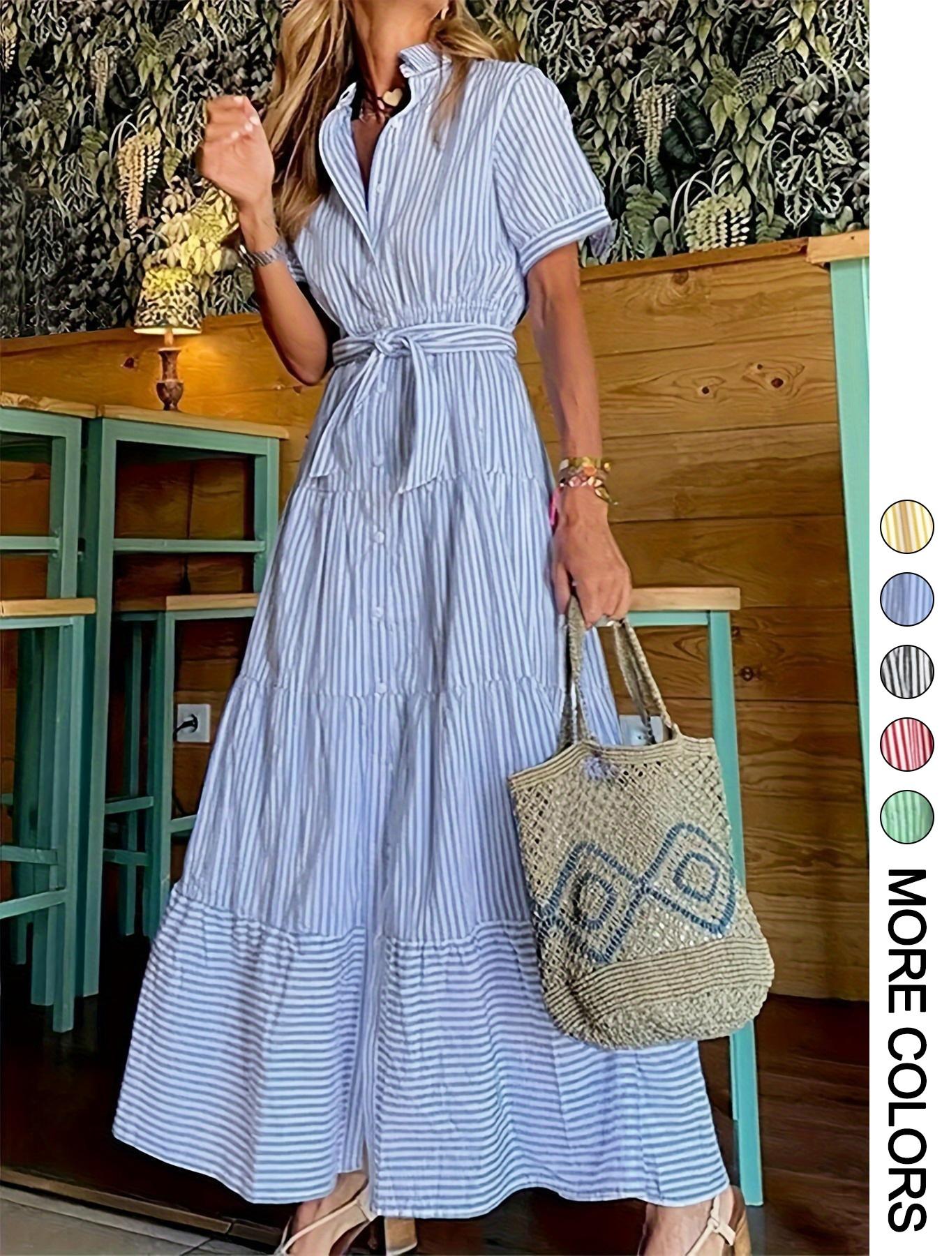 Women's Striped Print Adjustable Belted Button Dress, Elegant Casual Long Dress for Summer, Women's Clothing for Daily Wear, Fit, Womenswear Women's Striped Print Adjustable Belted Button Dress, Elegant Casual Long Dress for Summer, Women's Clothing for Daily Wear, Fit, Womenswear