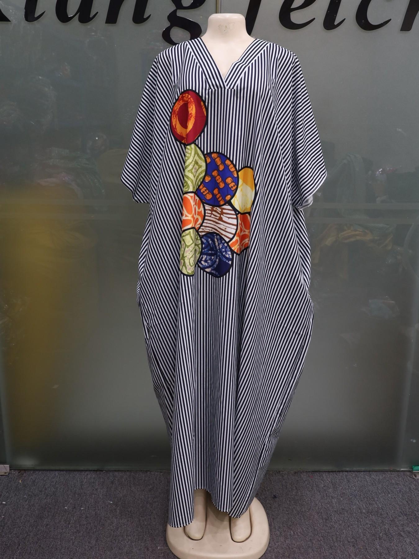 Plus Size Women's Fashion Chic Striped Print V-Neck Dress, Casual Daily Wear, Boho Summer, Ethnic Boubou Kaftan for Party & Beach