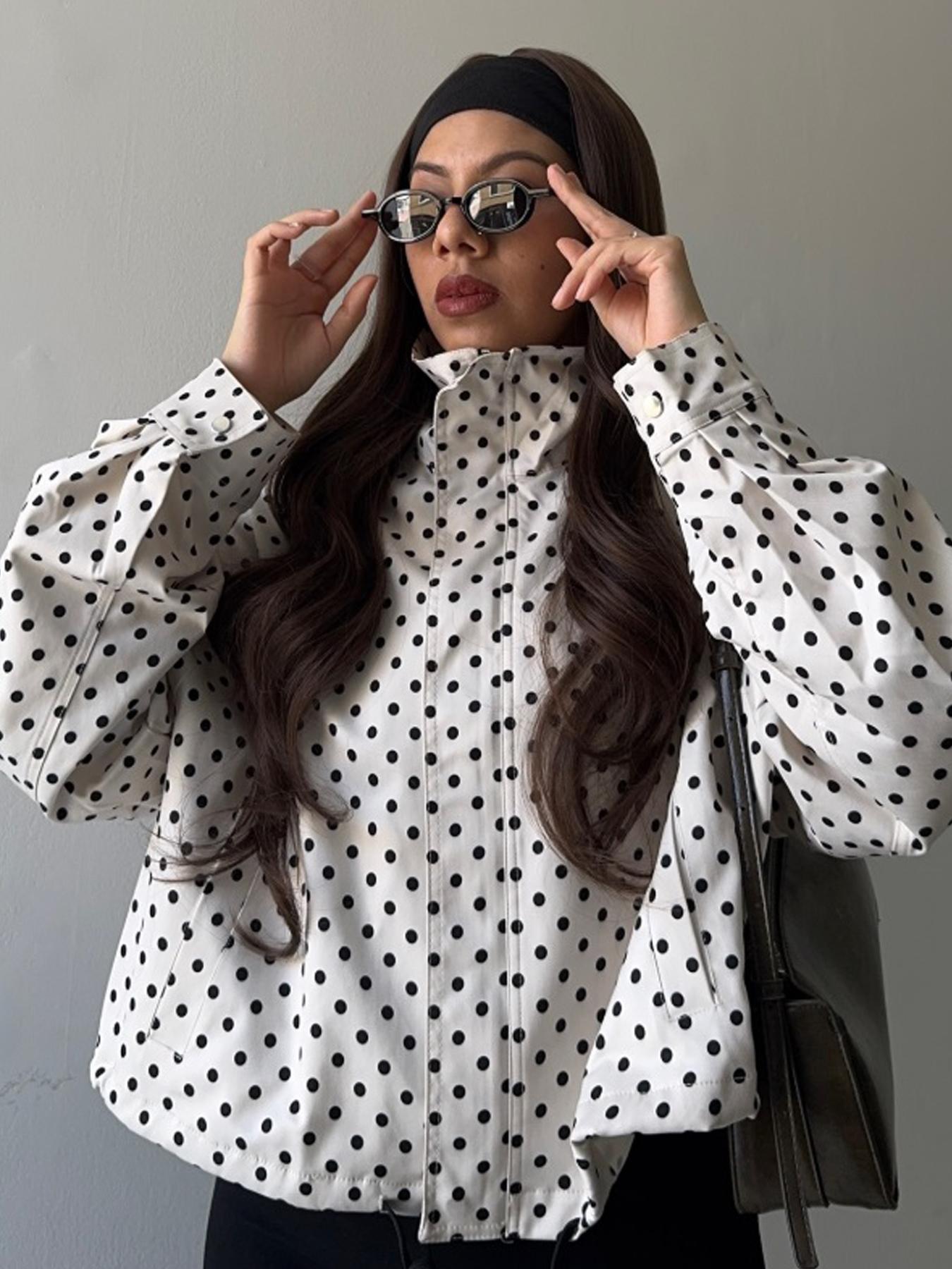 Polka Dot High Neck Women's Spring Jacket Windbreaker Cropped Coat Outdoor Bomber Jackets For Woman Outerwear Streetwear Demi-Season New In Jackets Fashionable Zipper Blue Woman Jackets Polka Dot Casual Jacket Casual Chic Outerwear Womenswear
