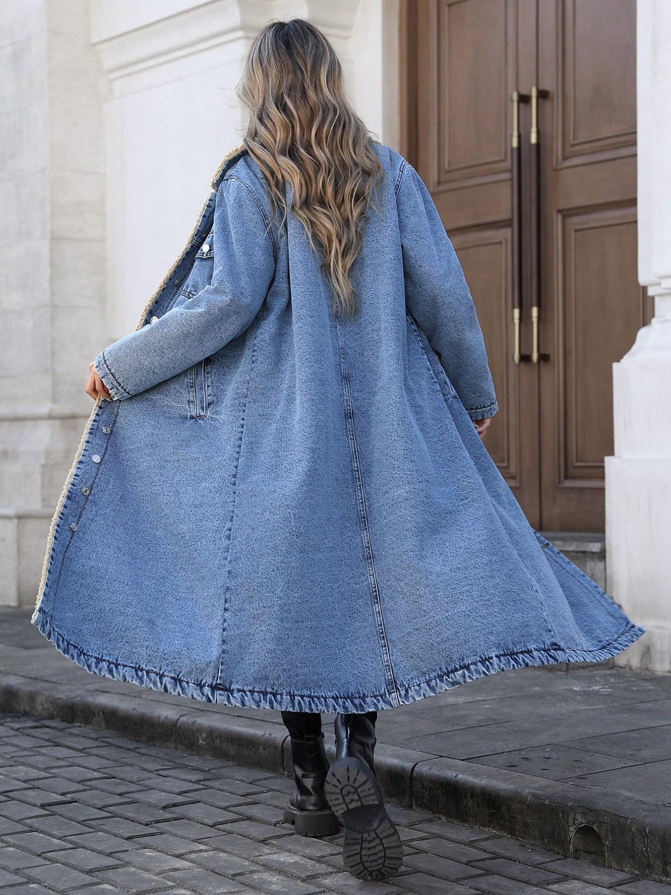 Women's Fall Winter Basic Chic Fashion Long Denim Jacket with Long Sleeves, Elegant Lapel Single Button Fleece Lined Warm Coat, Casual Versatile Outerwear