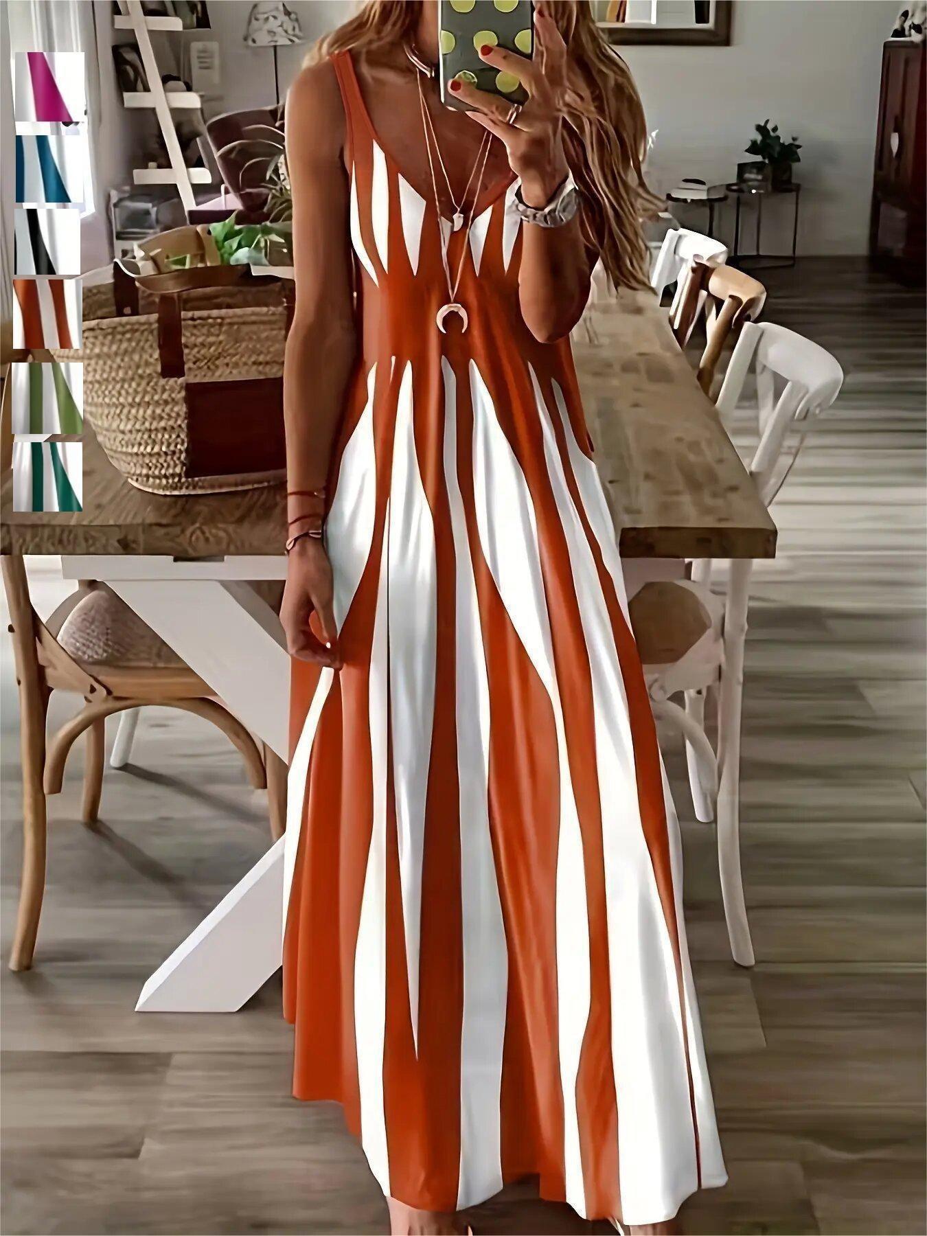 Summer New Arrival Women's Casual Sleeveless Striped V-Neck Long Dress, Casual Dresses, Casual Chic Dress, Sweet Style Elegance Loose-Fitting Daily Wear, Perfect for Outdoor Activities
