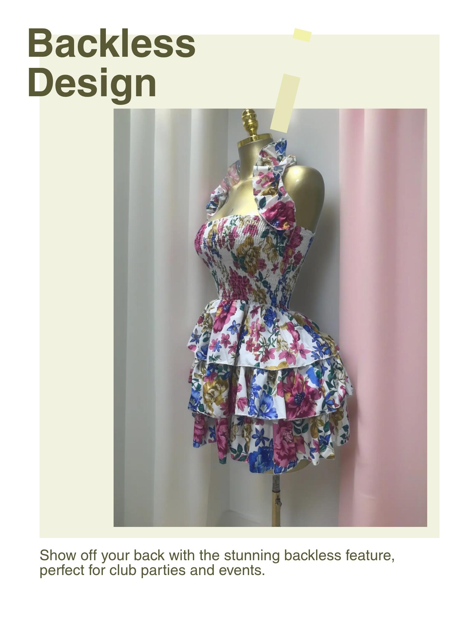 PULKRITU Elegant Women's Floral Print Backless Strapless Layered Ruffle Mini Dress, Casual Party Outfit, Perfect for Club, Brunch, Graduation & Evening Events