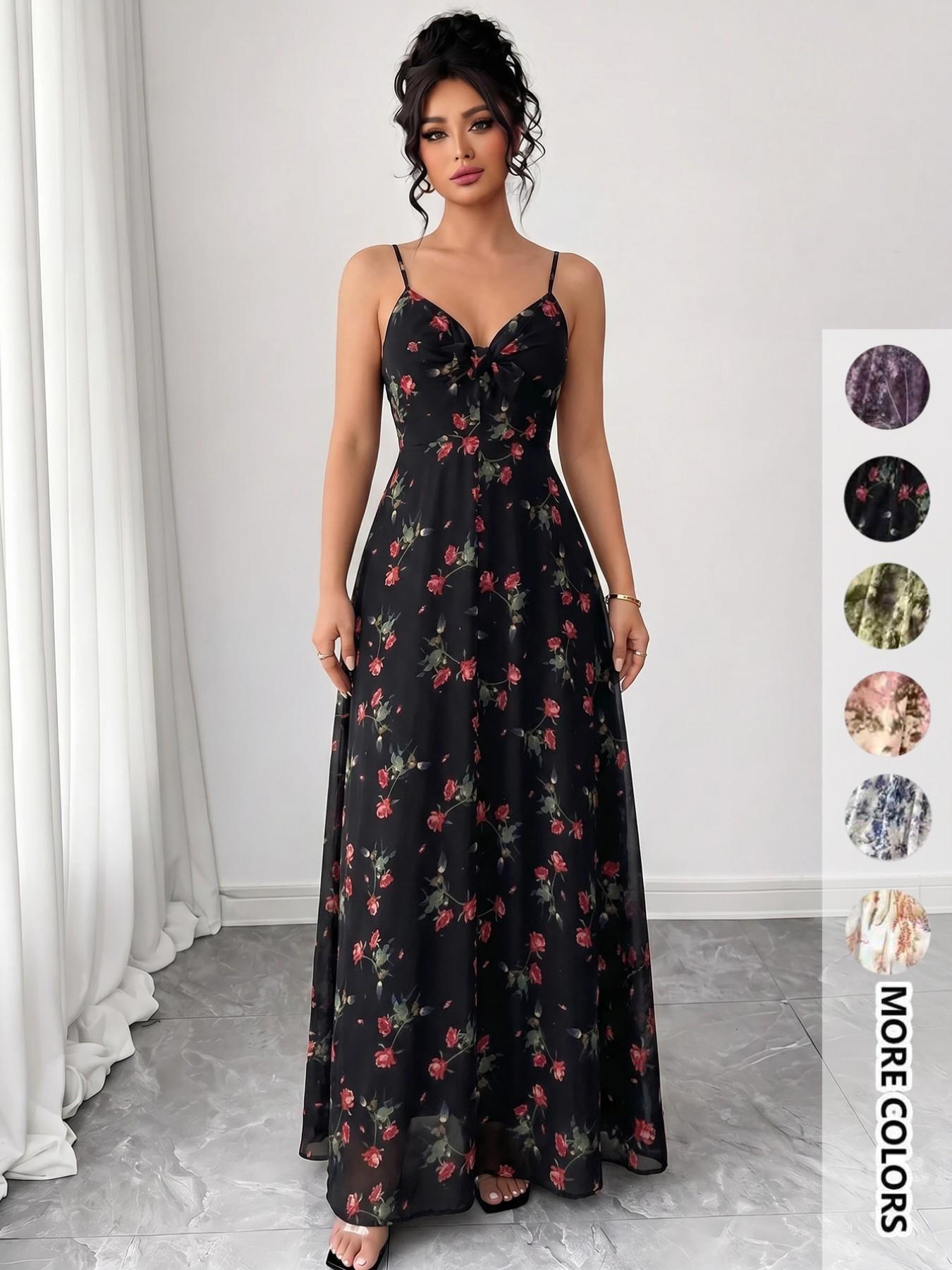 Women's Floral Print Cami Dress, Boho Fashion Casual A Line Dress for Beach Holiday Vacation, Ladies Dress for Summer Women's Floral Print Cami Dress, Boho Fashion Casual A Line Dress for Beach Holiday Vacation, Ladies Dress for Summer