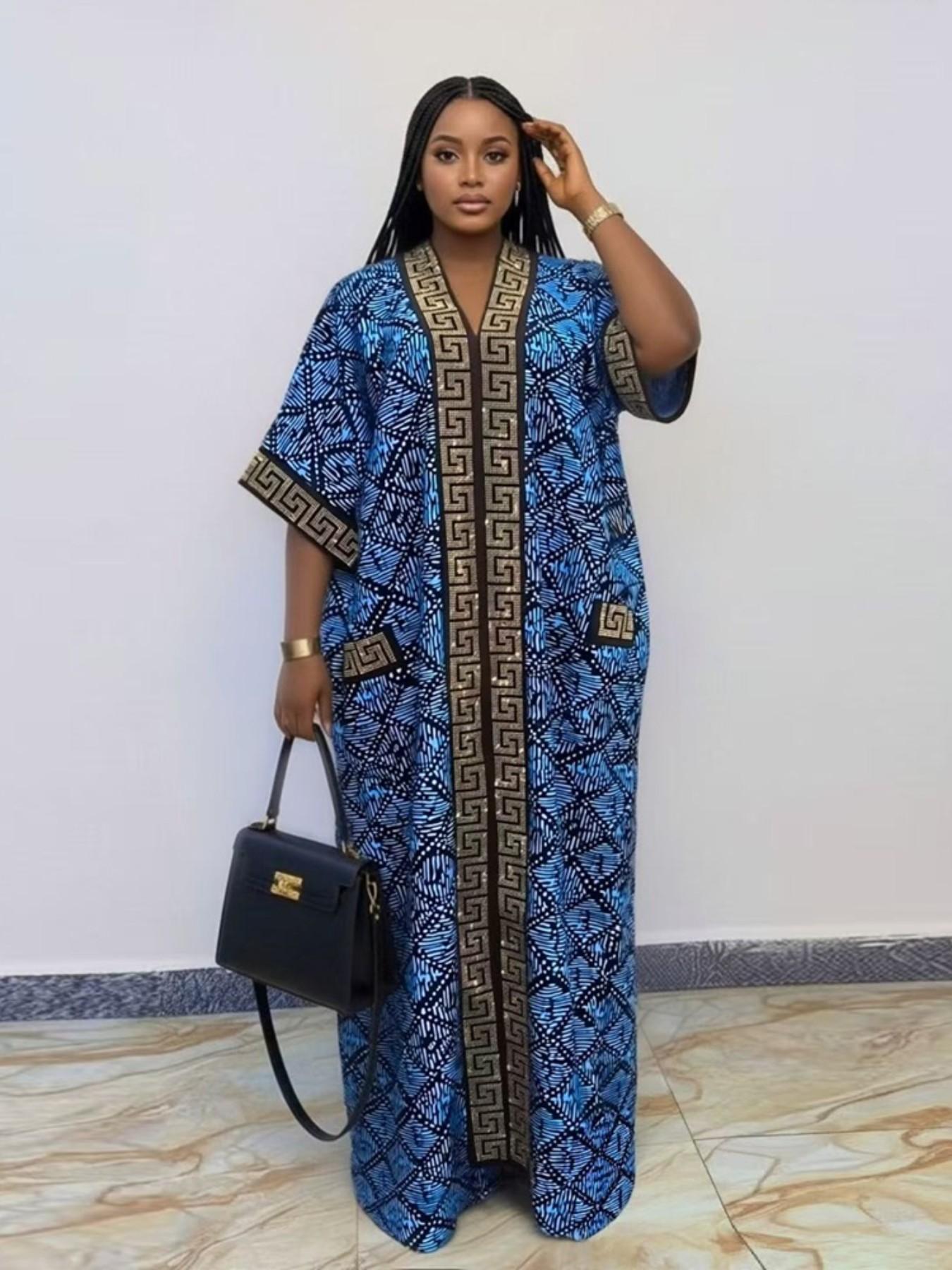Plus Size African-Style Kaftan Dress for Women, Geometric Print Ethnic Loose V-Neck Boubou with Pockets for Casual Boho Chic Party Wear, Comfortable and Stylish, Bohemian Dress, Boho Dresses