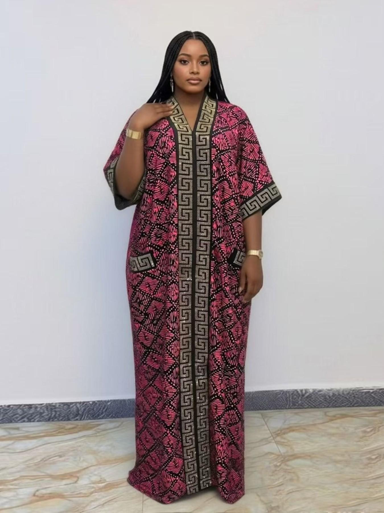 Plus Size African-Style Kaftan Dress for Women, Geometric Print Ethnic Loose V-Neck Boubou with Pockets for Casual Boho Chic Party Wear, Comfortable and Stylish, Bohemian Dress, Boho Dresses