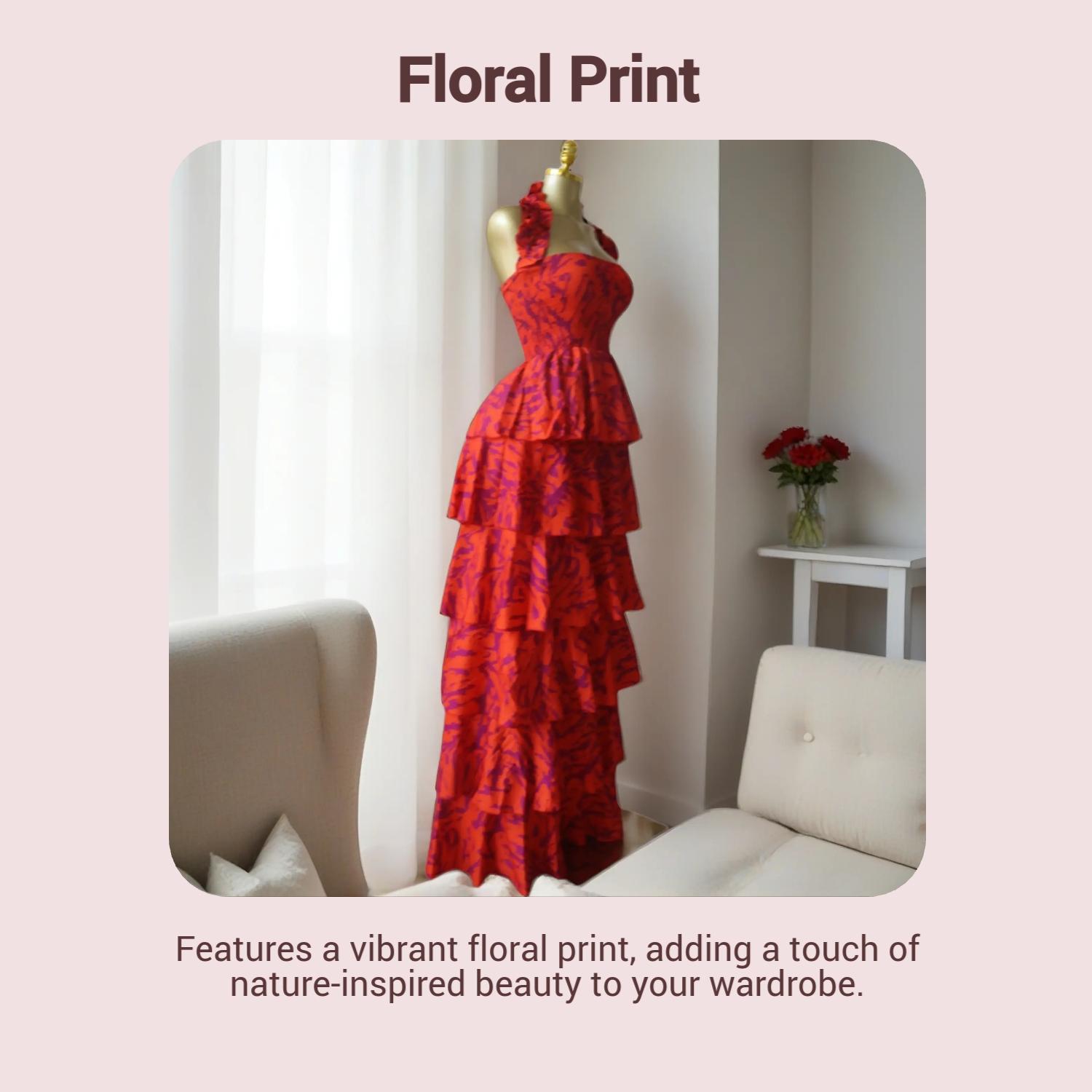 QFAF Women's Halter Neck, Floral Print Layered Ruffle Smock Maxi Dress, Floral Design Dress, Party Vacation Clothes, Sexy Style, Bohemian, Cacading Ruffles Gown A-line Dresses