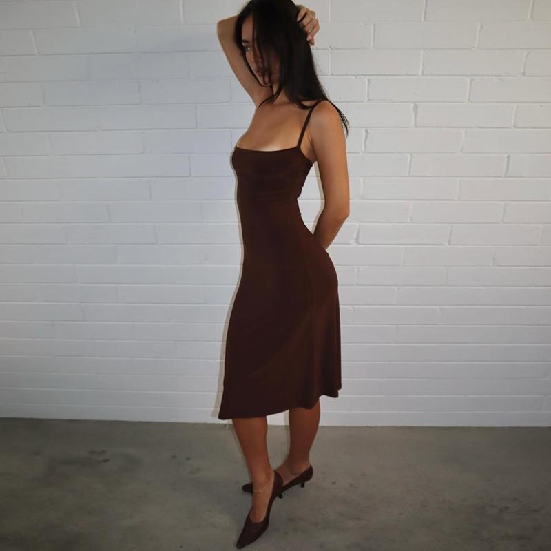 Women's Basic Solid Color Bodycon Slip Dress, Sleeveless Backless Spaghetti Straps Plain Slim Fit Midi Dress, Party Club Date Holiday Daily Casual Elegant Dresses For Ladies All Seasons Summer Fashion Clothes Wear
