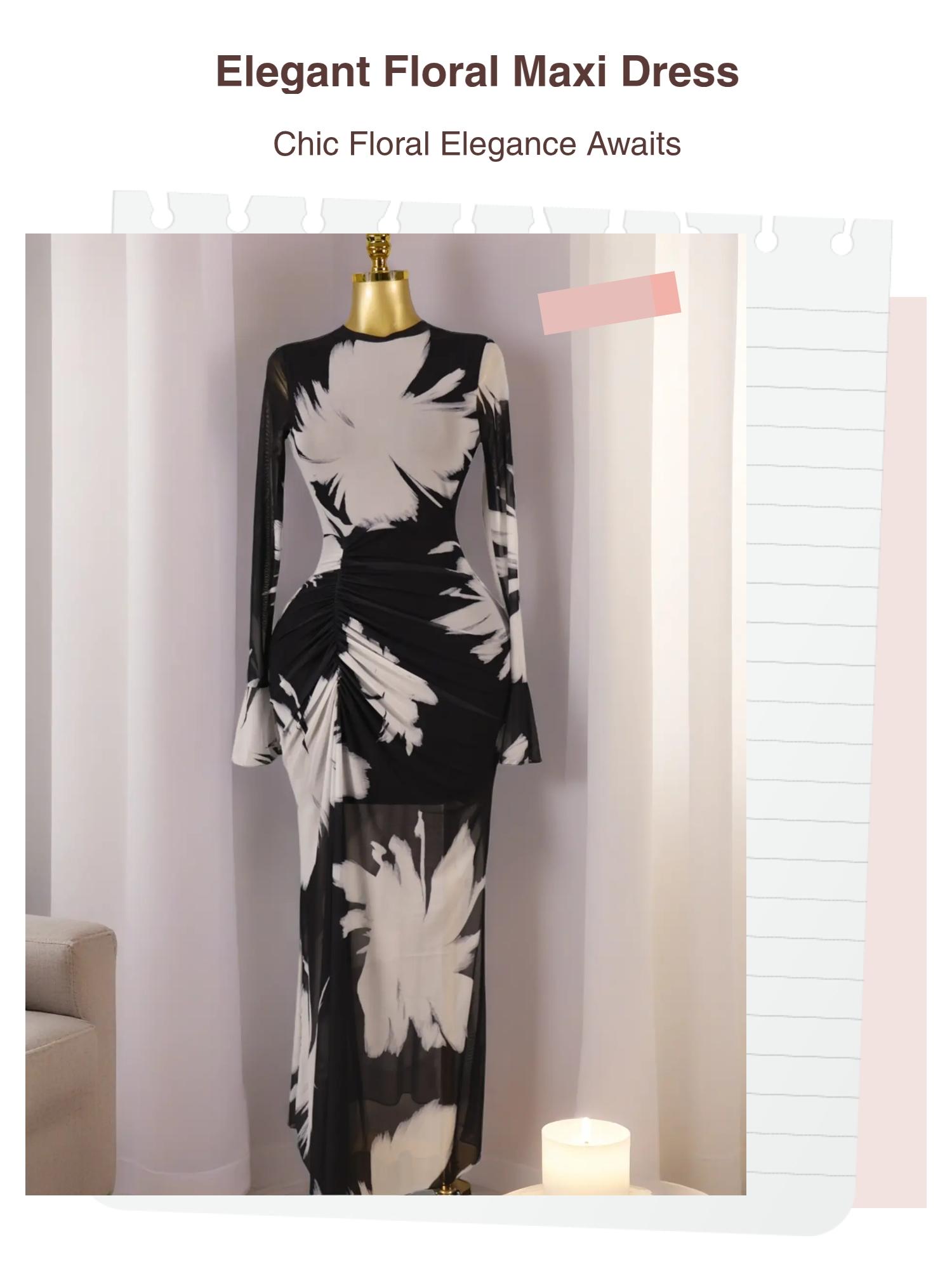 PULKRITU Elegant Women's All Over Print Long Sleeve Ruched Long Prom Dress, Fashion Evening Gown, Ladies Casual Dresses for Vacations and Parties, Female Brunch Dresses, Graduation Dress, Bodycon Dress, Cocktail Dress, Evening Party Gown PULKRITU Elegant Women's All Over Print Long Sleeve Ruched Long Prom Dress, Fashion Evening Gown, Ladies Casual Dresses for Vacations and Parties, Female Brunch Dresses, Graduation Dress, Bodycon Dress, Cocktail Dress, Evening Party Gown