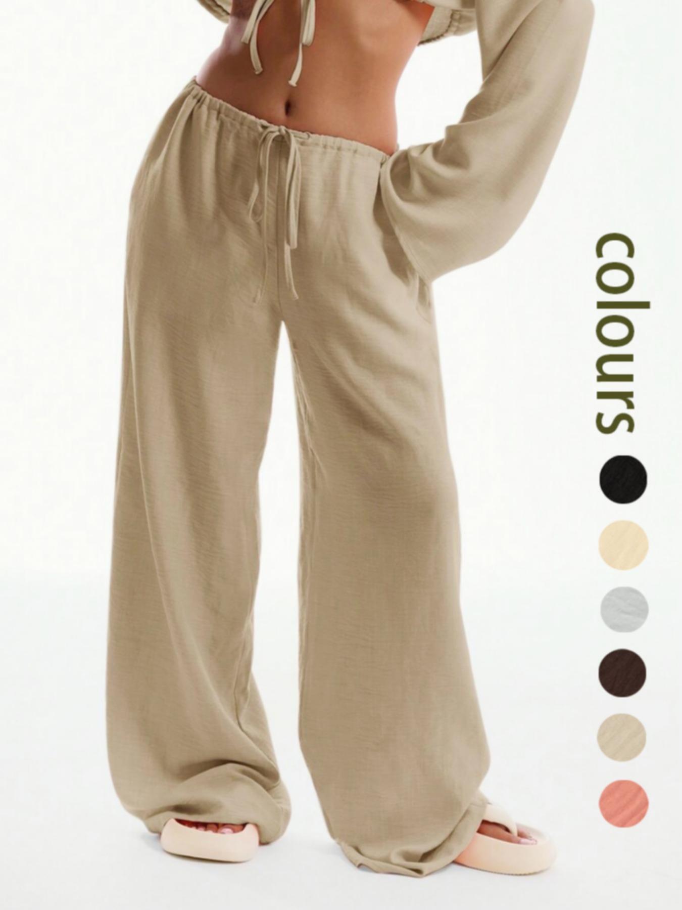 Women's Solid Pocket Pants, Casual Comfy Woven Fabric Wide Leg Trousers for Beach Vacation Holiday, Ladies Bottoms for All Seasons, Baggy Legged Pants