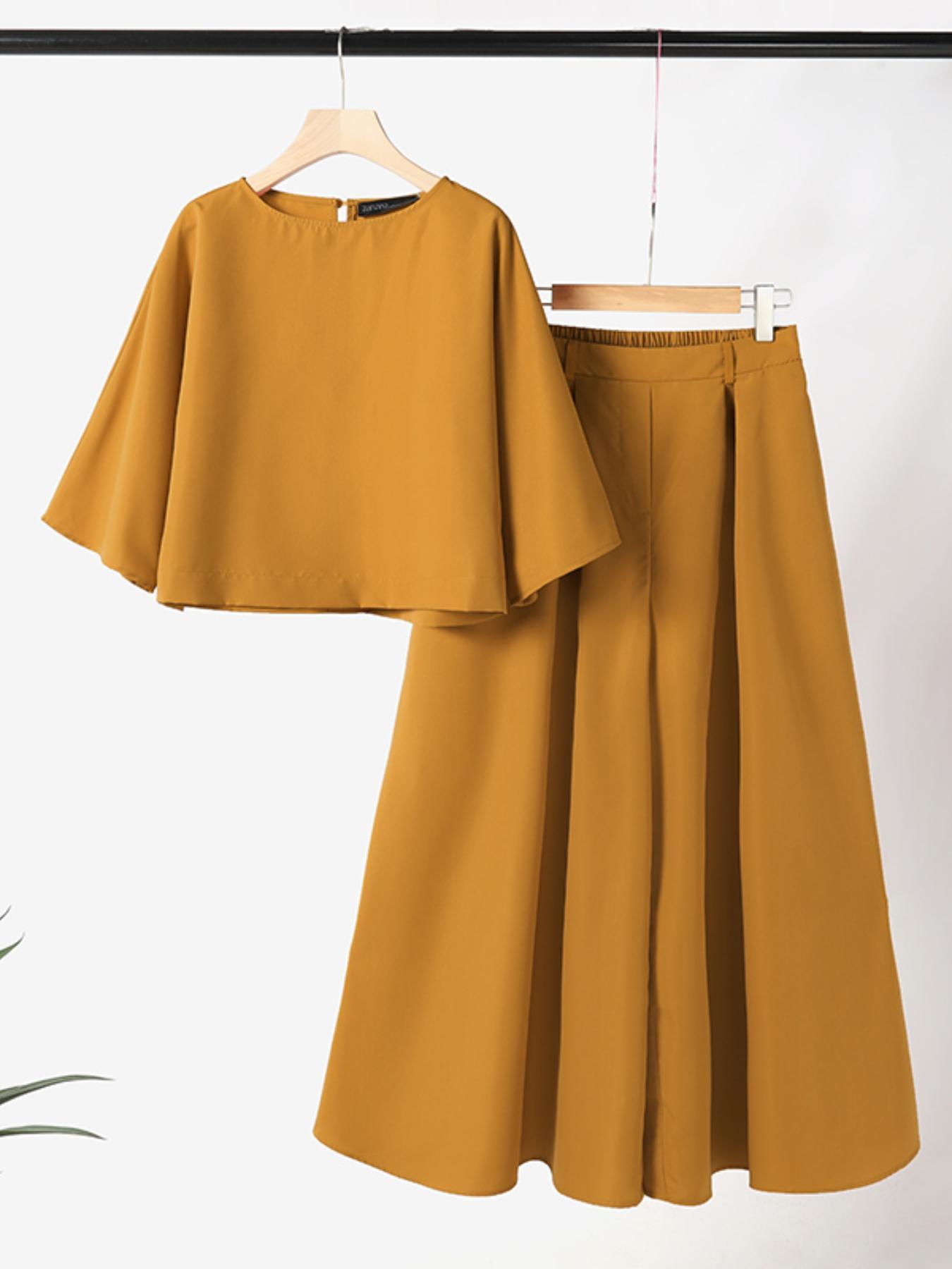 Women's Top & Wide Leg Pants Two-piece Set, Casual Fashion Minimalist Cozy Three Quarter Length Sleeve Top & Trousers for Daily Outdoor Wear, Ladies Clothes for All Seasons, Womenswear Women's Top & Wide Leg Pants Two-piece Set, Casual Fashion Minimalist Cozy Three Quarter Length Sleeve Top & Trousers for Daily Outdoor Wear, Ladies Clothes for All Seasons, Womenswear