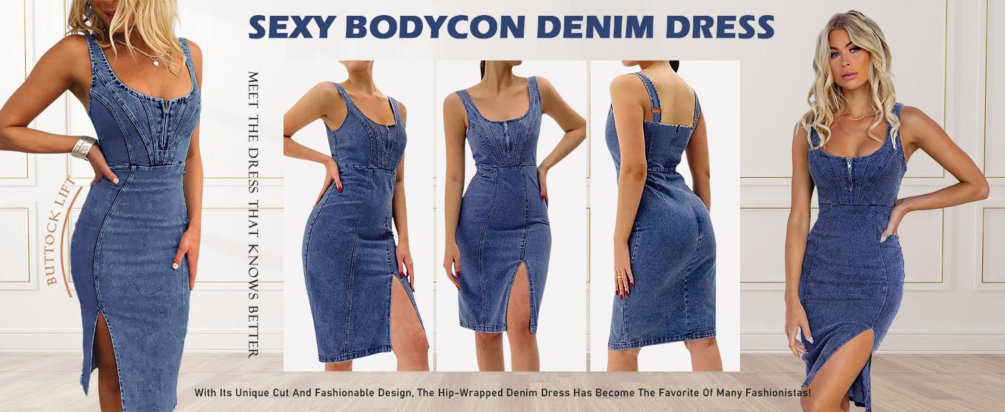 utcoco Women's Sleeveless Denim Bodycon Midi Dress - Casual Wear with Side Slit, Elegant Fit, 2026 Chic Design, Imported, Machine Washable