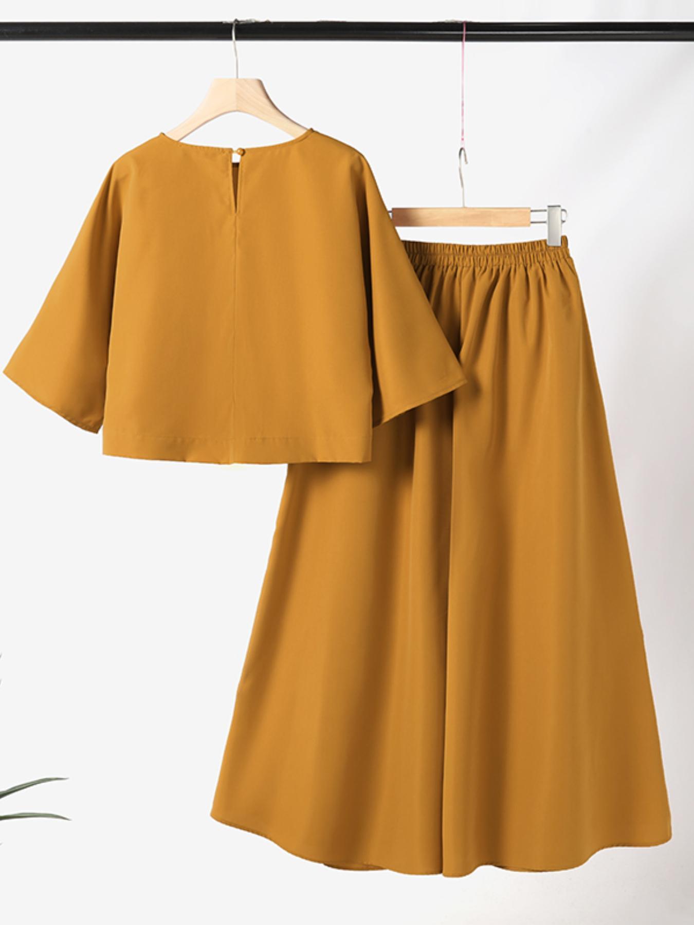 Women's Top & Wide Leg Pants Two-piece Set, Casual Fashion Minimalist Cozy Three Quarter Length Sleeve Top & Trousers for Daily Outdoor Wear, Ladies Clothes for All Seasons, Womenswear Women's Top & Wide Leg Pants Two-piece Set, Casual Fashion Minimalist Cozy Three Quarter Length Sleeve Top & Trousers for Daily Outdoor Wear, Ladies Clothes for All Seasons, Womenswear