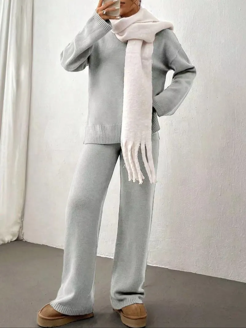 Women's Solid Drop Shoulder Split Hem Sweater & Elastic Waist Straight Leg Pants Two-piece Set, Casual Fashion Cozy Knitwear Set for Daily Outdoor Wear, Women Knitwear for Fall & Winter, Womenswear Women's Solid Drop Shoulder Split Hem Sweater & Elastic Waist Straight Leg Pants Two-piece Set, Casual Fashion Cozy Knitwear Set for Daily Outdoor Wear, Women Knitwear for Fall & Winter, Womenswear