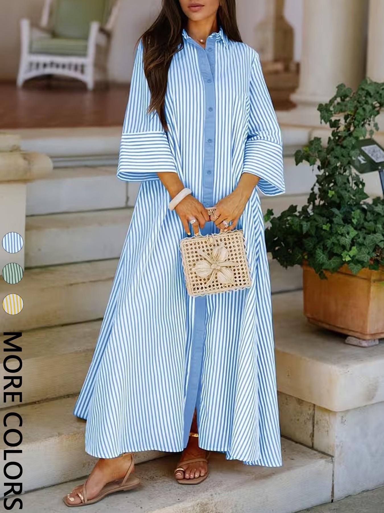 Elegant Women's Loose Collared Button Front Striped Shirt Dress, Perfect for Office and Casual Occasions, Stylish and Comfortable Spring Wear, Boho Summer Dresses Style Womenswear, Chic Dress