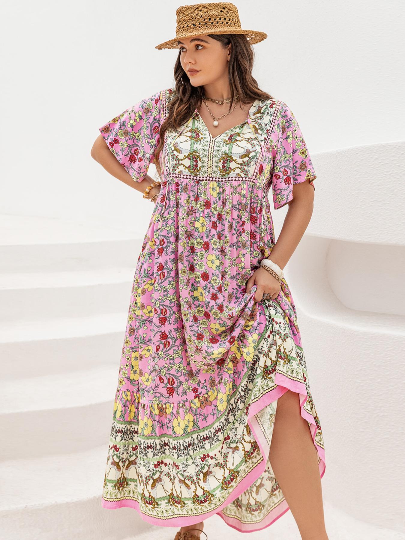 Plus Size Patchwork Floral Print Tie Neck Contrast Lace Ruffle Hem Long Dress, Boho Butterfly Sleeve Smock Dress, Ladies Summer Clothes for Vacation