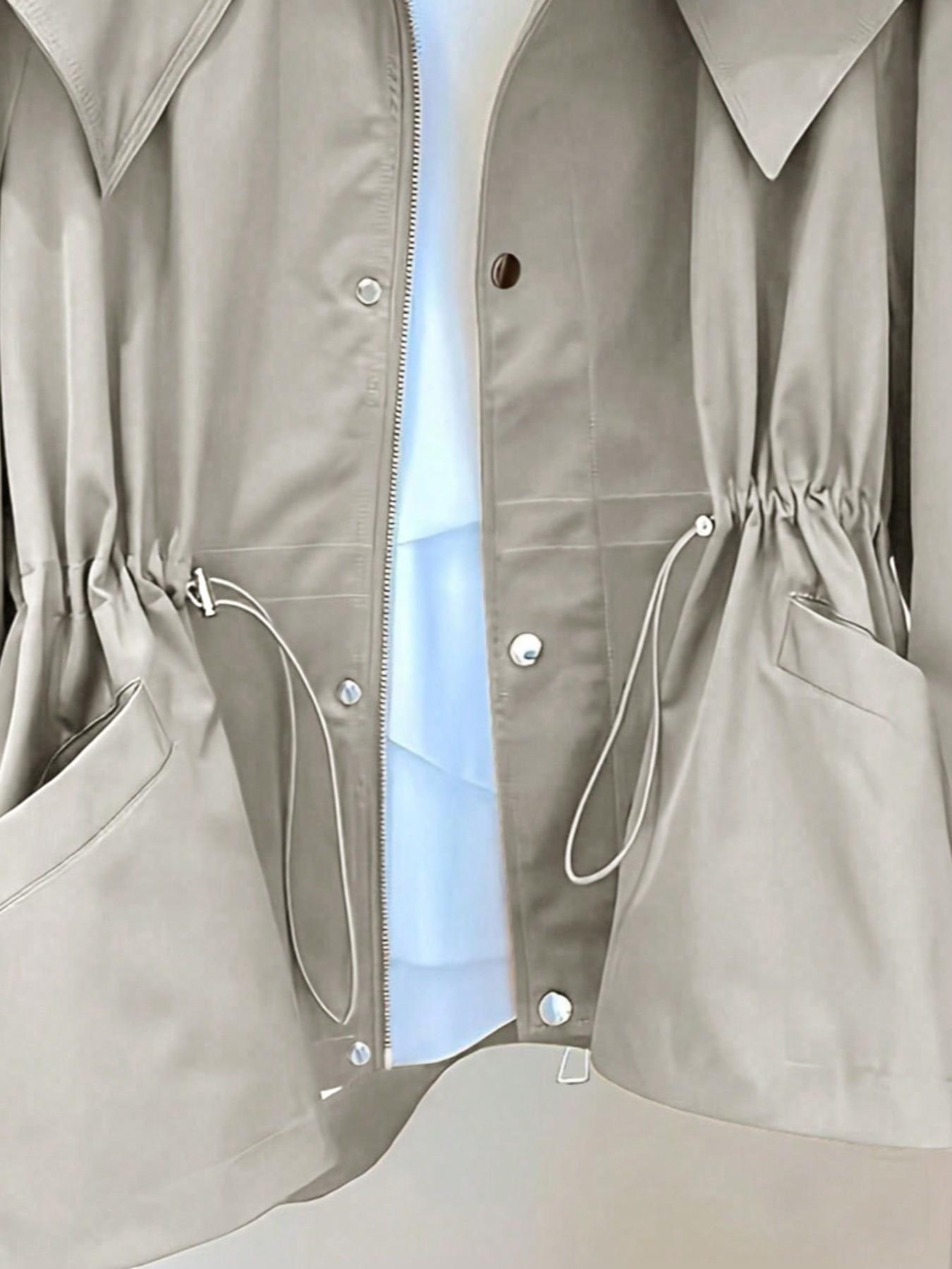 Women's Elegant Baggy Windbreaker Coat, Workwear Jacket, Drawstring Waist Design, Pockets Included, Essential for Fall and Winter
