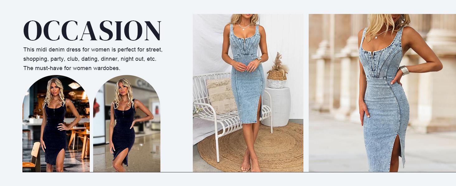 utcoco Women's Sleeveless Denim Bodycon Midi Dress - Casual Wear with Side Slit, Elegant Fit, 2026 Chic Design, Imported, Machine Washable