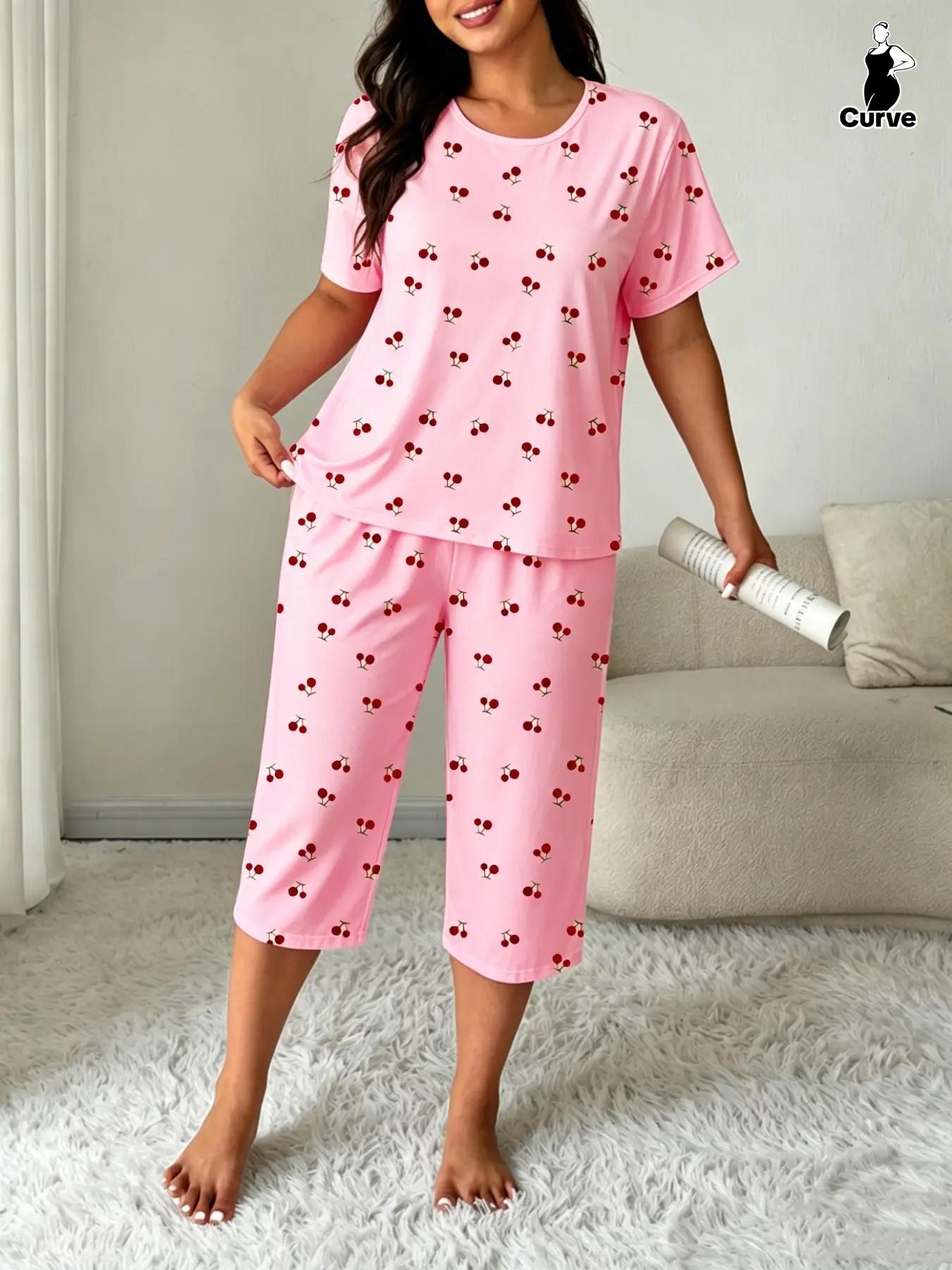 Plus-Size Women's Cherry Print Round Neck Short Sleeve Top and Capri Pants Set, Casual Pajamas Set, Comfortable Sleepwear