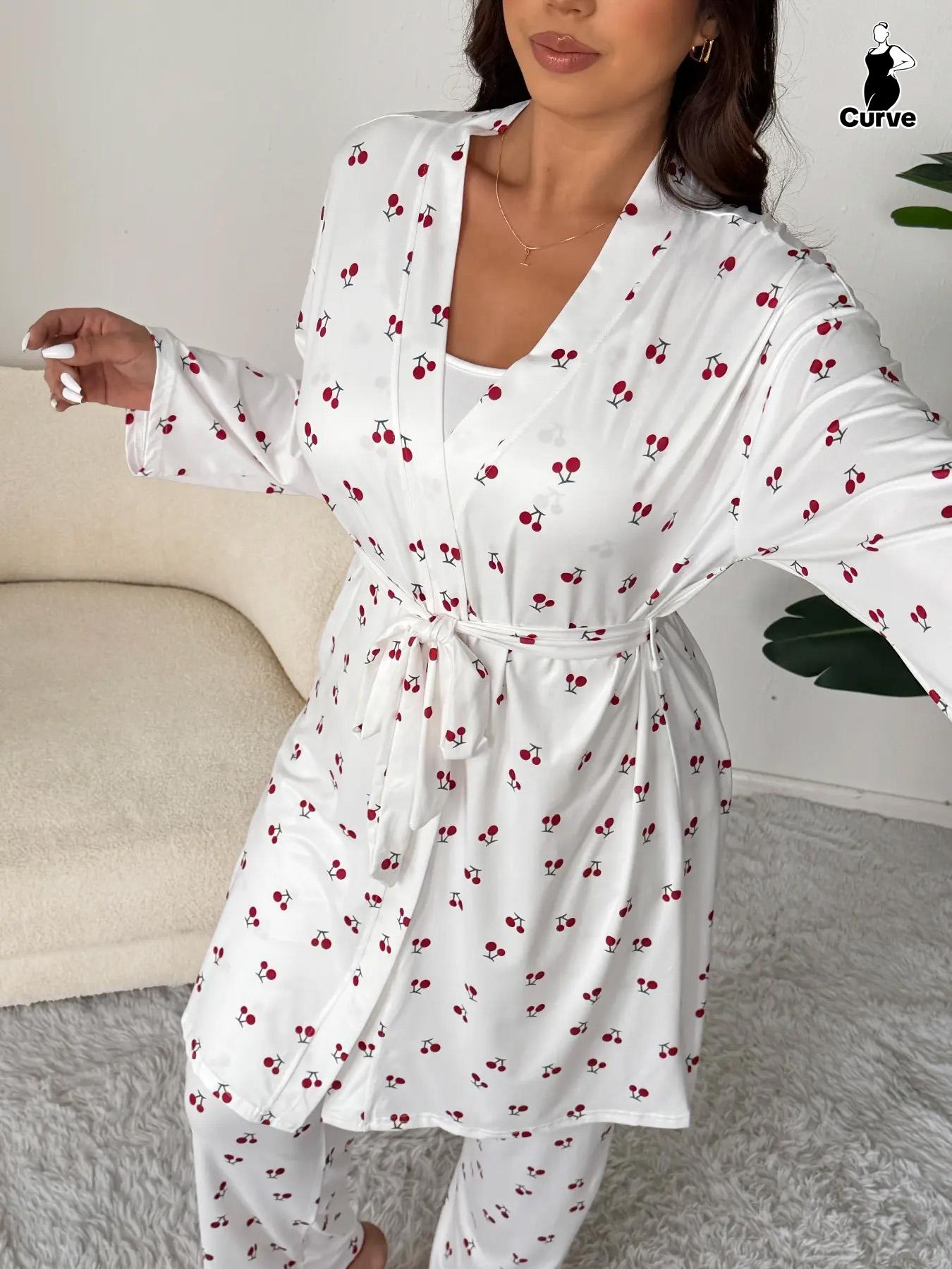 Plus Size Cherry Print Women's Sweet Comfortable Belted Robe & Sleeveless Long Pants & Cami Set, Three-Piece Pajama Sleepwear, Casual Home Wear