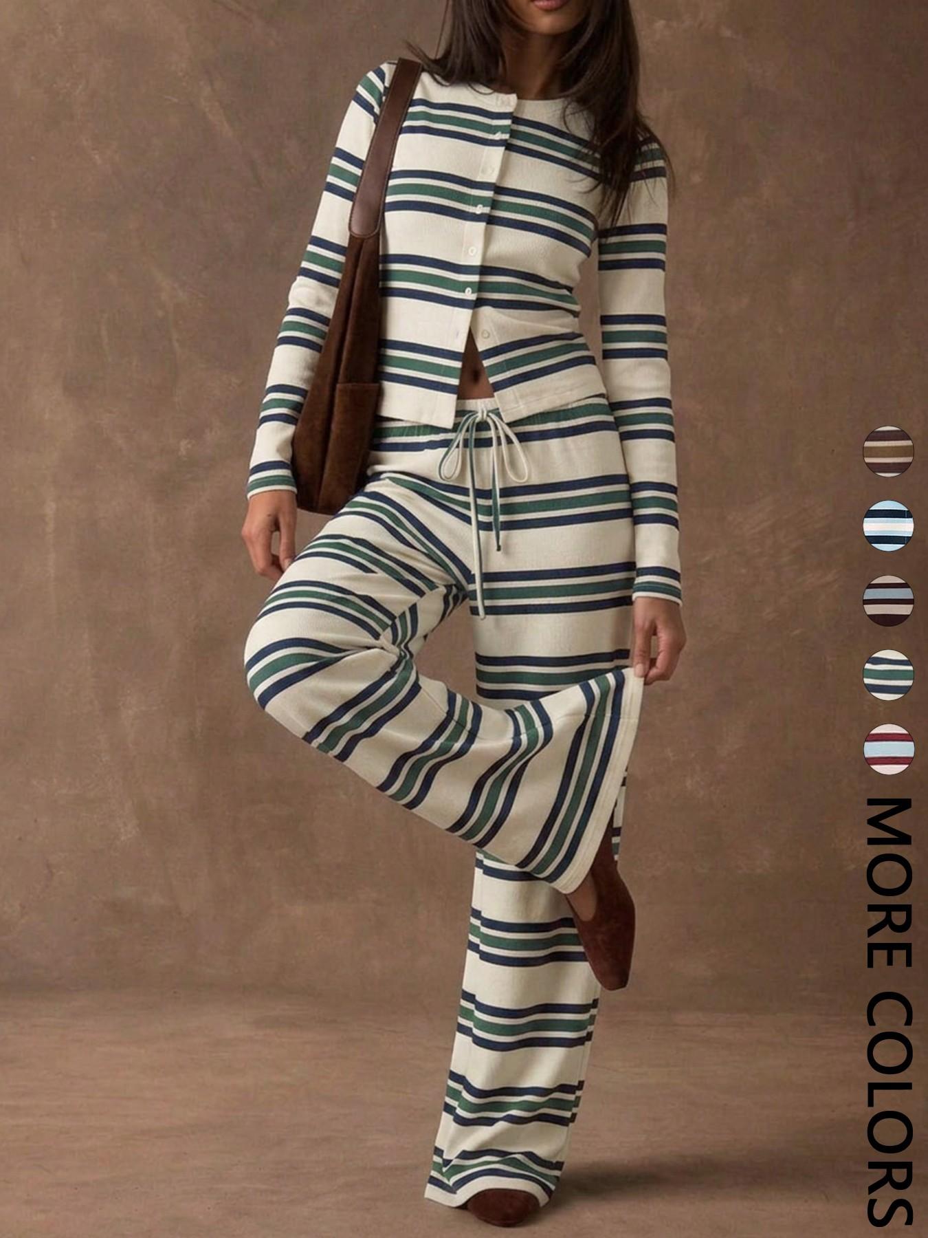 Women's Striped Knit Two-Piece Set, Crew Neck Long Sleeve Button Front Crop Top, Elastic Waist Drawstring Wide Leg Pants, Daily Casual Loungewear Vacation Wear, Soft Stretchy Breathable