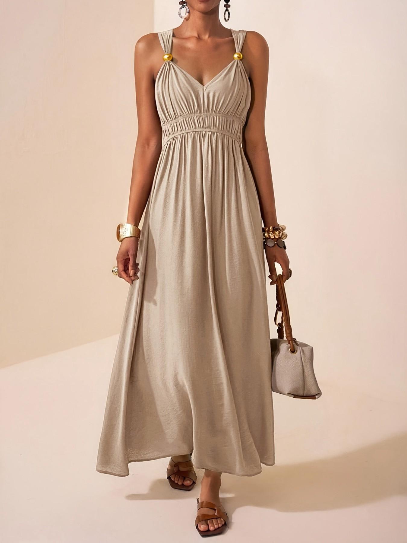 Women's Thin Strap Sleeveless Deep V Long A-Line Dress, 2026 Summer New Minimalist Elegant Chic, Perfect for Parties, Events and Evening Formal Wear