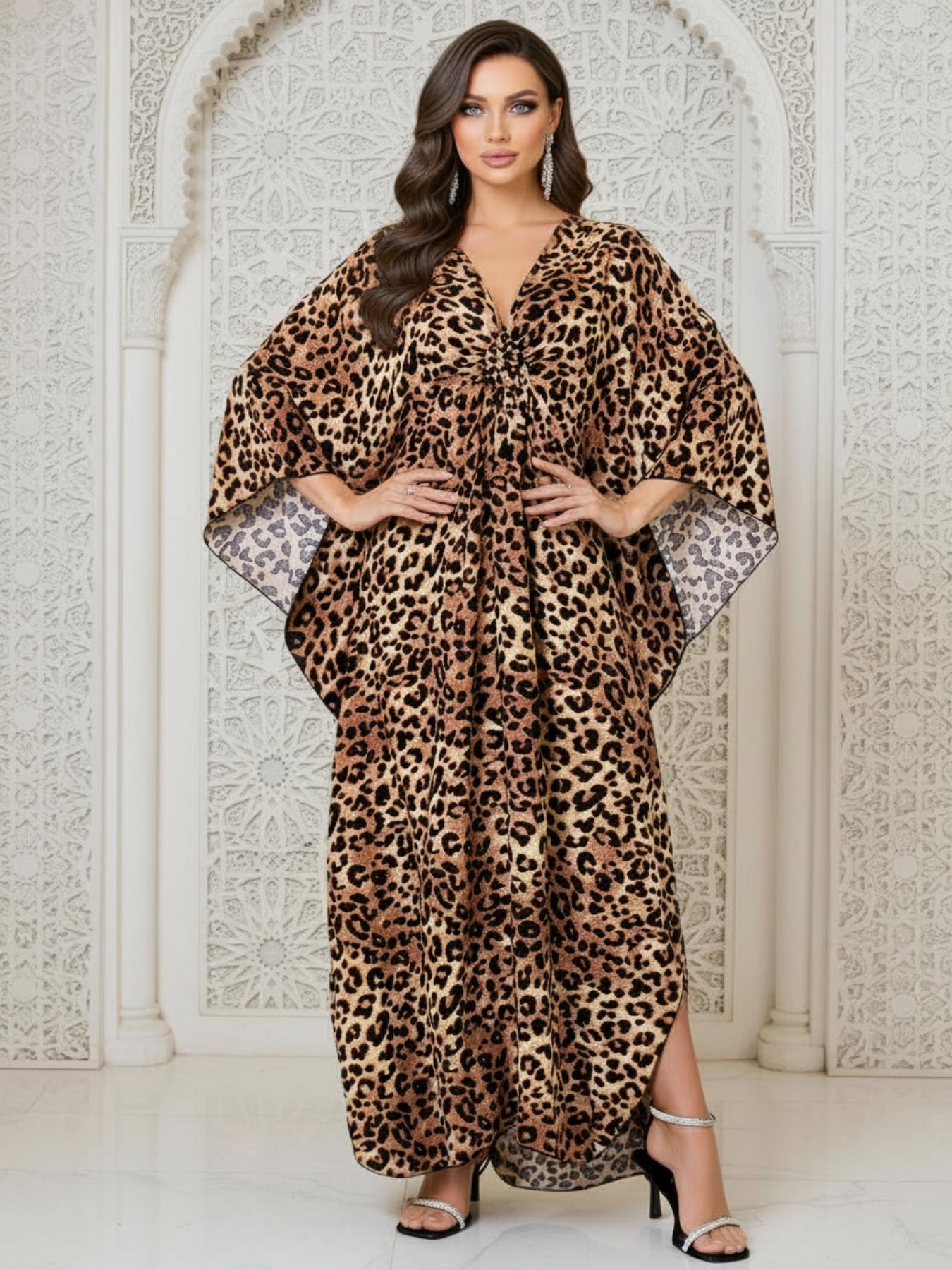Women's Leopard Print Batwing Sleeve Split Hem Kaftan Dress, Casual Modest Style V-Neck 3/4 Sleeve Long Dress for Fall & Winter, Women's Islamic Clothing for Daily Wear Women's Leopard Print Batwing Sleeve Split Hem Kaftan Dress, Casual Modest Style V-Neck 3/4 Sleeve Long Dress for Fall & Winter, Women's Islamic Clothing for Daily Wear