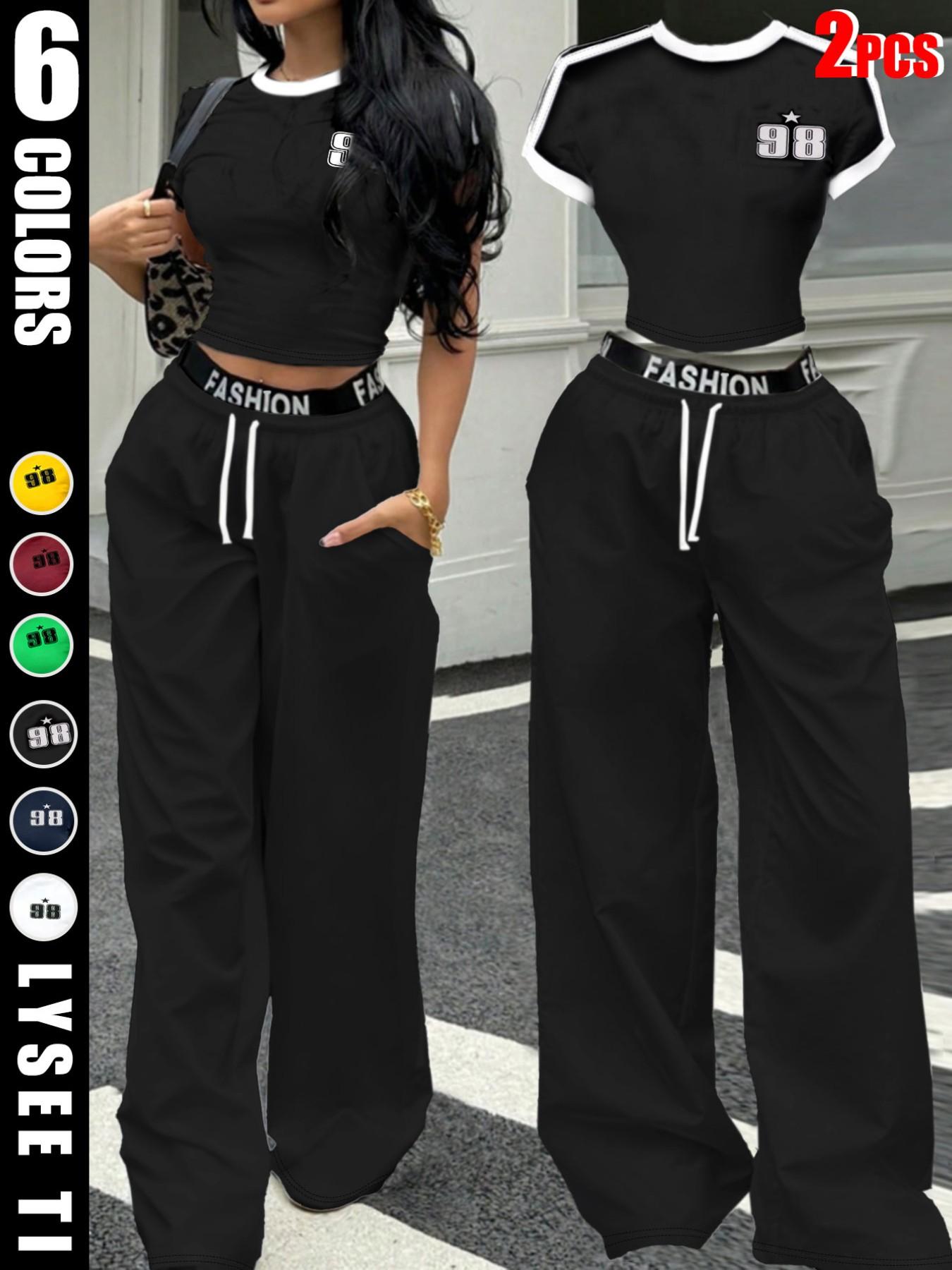 Hot-girl Style Contrast Binding Short Top and Letter Tape Wide Leg Pants, Women's Black & White Two-piece Set Hot-girl Style Contrast Binding Short Top and Letter Tape Wide Leg Pants, Women's Black & White Two-piece Set