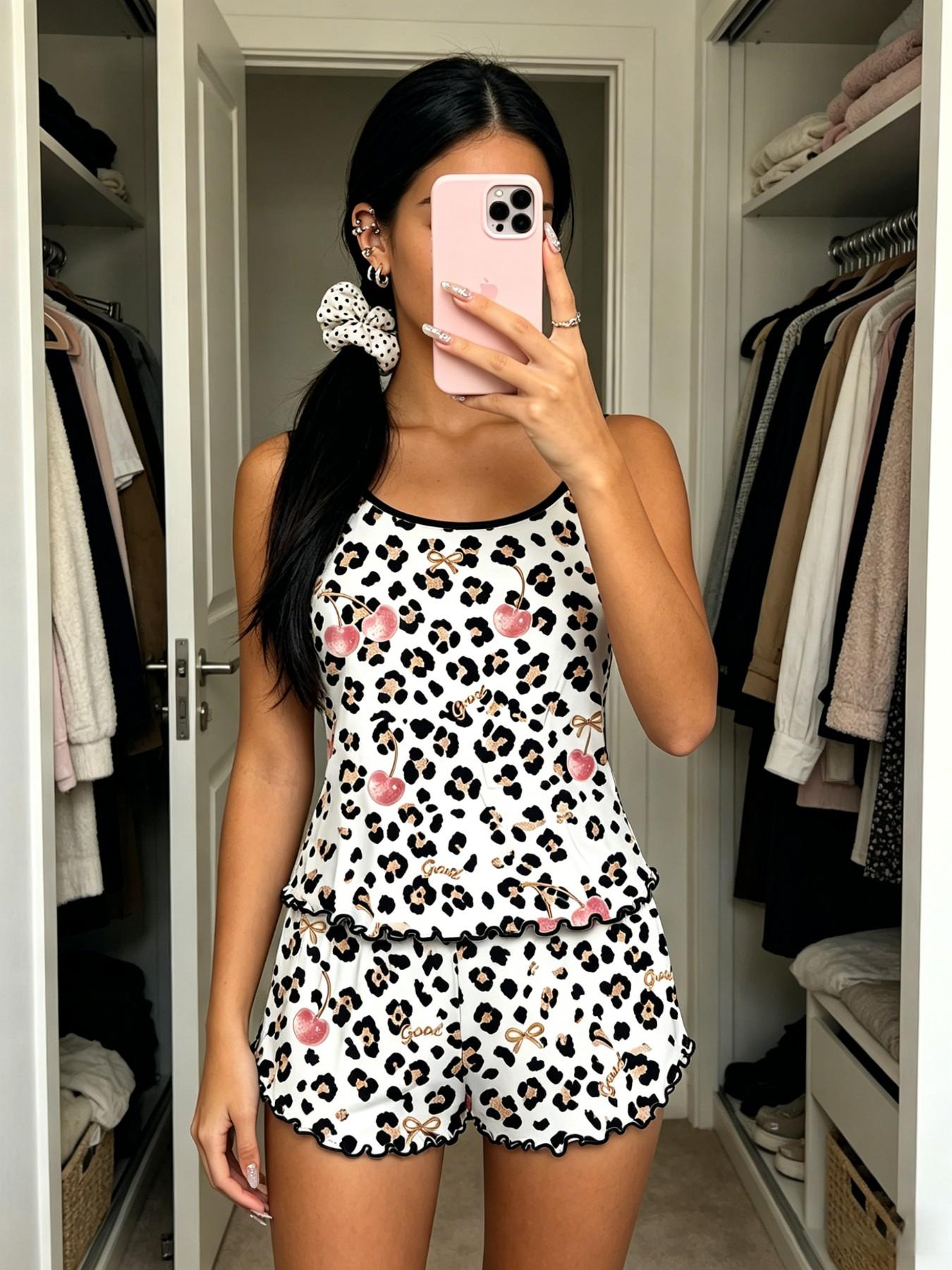 Cherry Print Halter Short Pajamas Set, Trim Ruffle Design, Sweet Cool Girl Style, Breathable Home Sleepwear, 3-Piece Combo